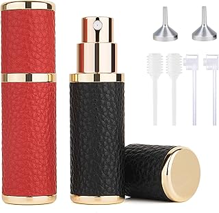 2Pcs Perfume Atomizer Bottle (5ML),Mini Refillable Empty Cologne Spray Bottle With Luxury Leather Case,for Travel Out Side Work Women and Men (Black+Red)