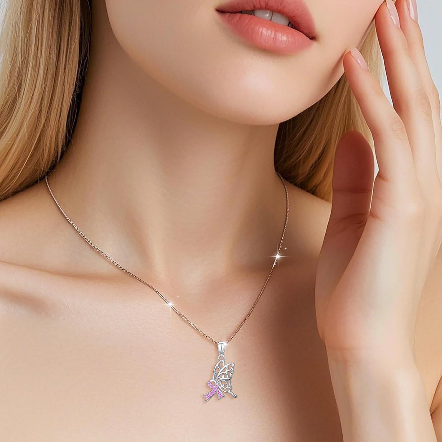 S925 Sterling Silver Breast Cancer Awareness Necklace Butterfly Pink Ribbon Pendant Necklace Survivor Gifts for Women - Image 3
