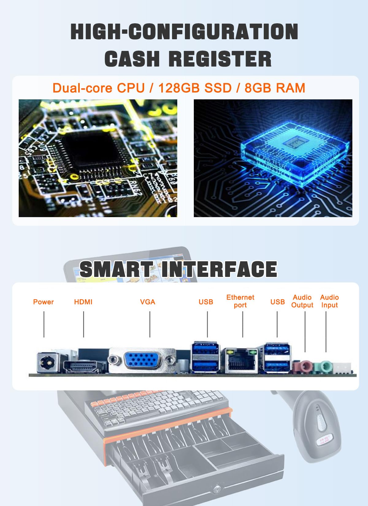 Caja registradora inteligente todo en uno con pantalla táctil LCD de 15.6 pulgadas e impresora de recibos integrada, compatible con 30 idiomas, para comercios, restaurantes y sistemas TPV black-B