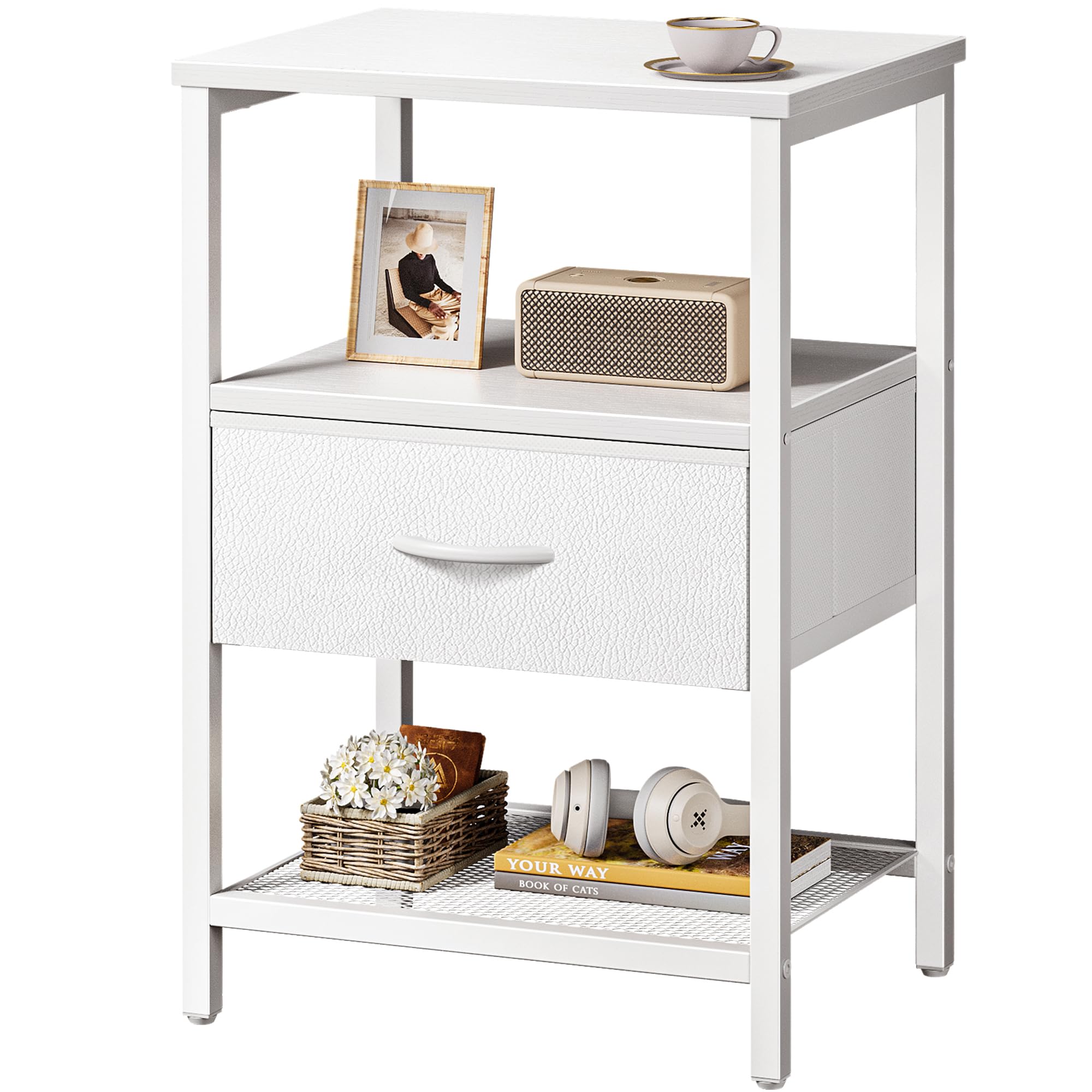 Huuger Night Stand with Fabric Drawer, Side Table with Mesh Shelf, Bedroom Nightstand, Fabric Drawer Dresser, Open Shelf, Metal Frame, Couch Side, White