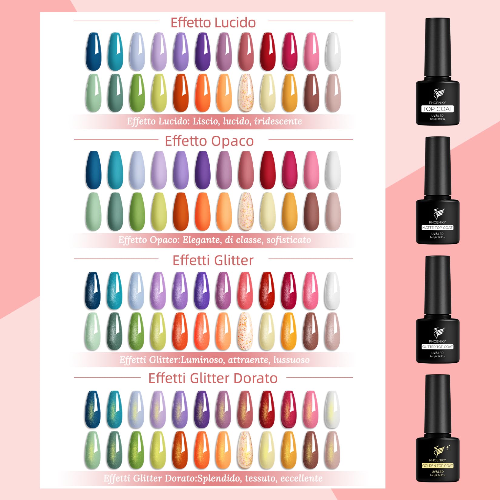 Phoenixy Kit Semipermanente Unghie 29Pcs Completo con Lampada UV LED 48W Top Coat Lucido Opaco Argento Oro