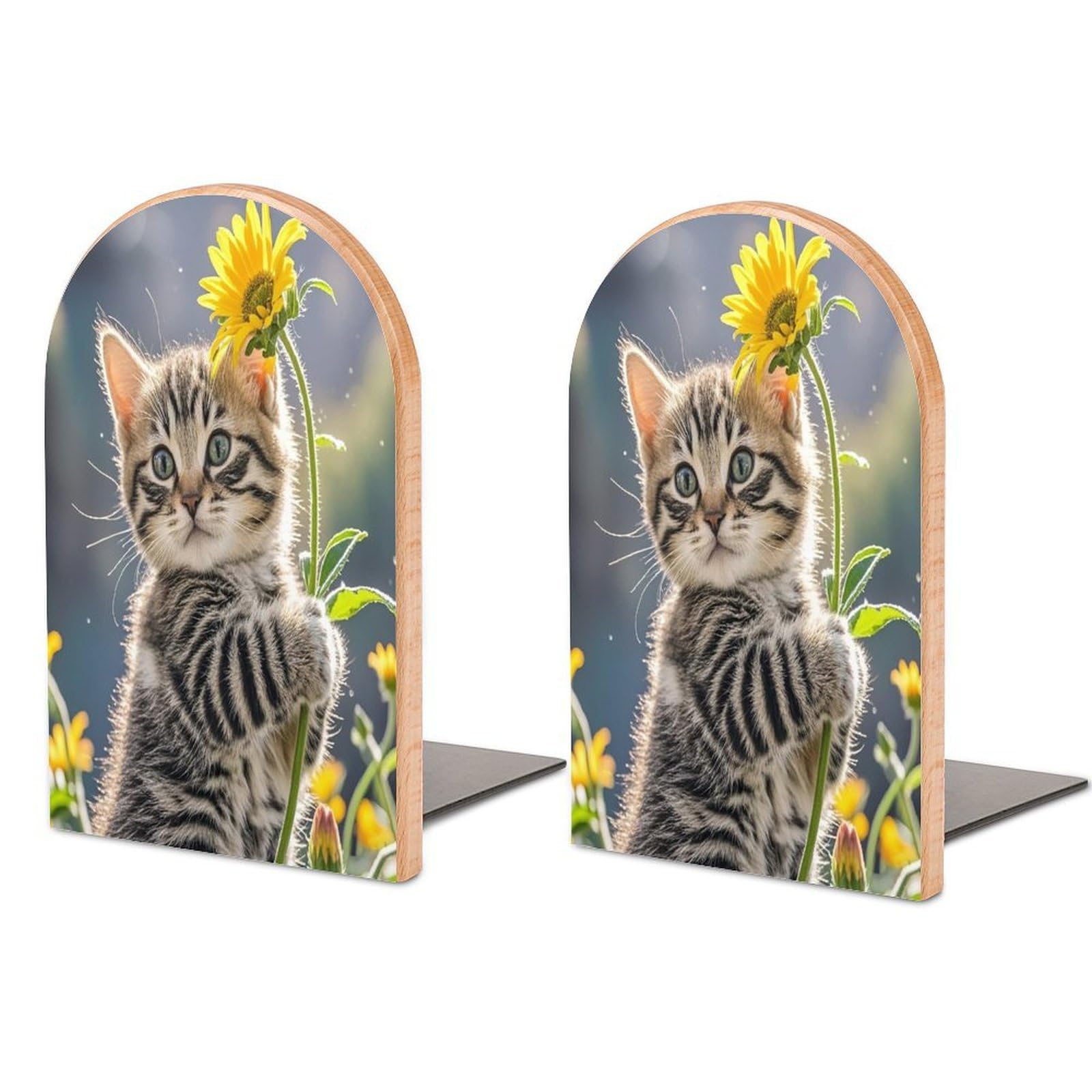 Kitten Hugging A Flower Bookend for Shelves Unique Book End Sturdy Books Holder Heavy Duty Wooden Bookends Support Non-Slip Book Organizers Decorative Modern Bookend Holder for Home