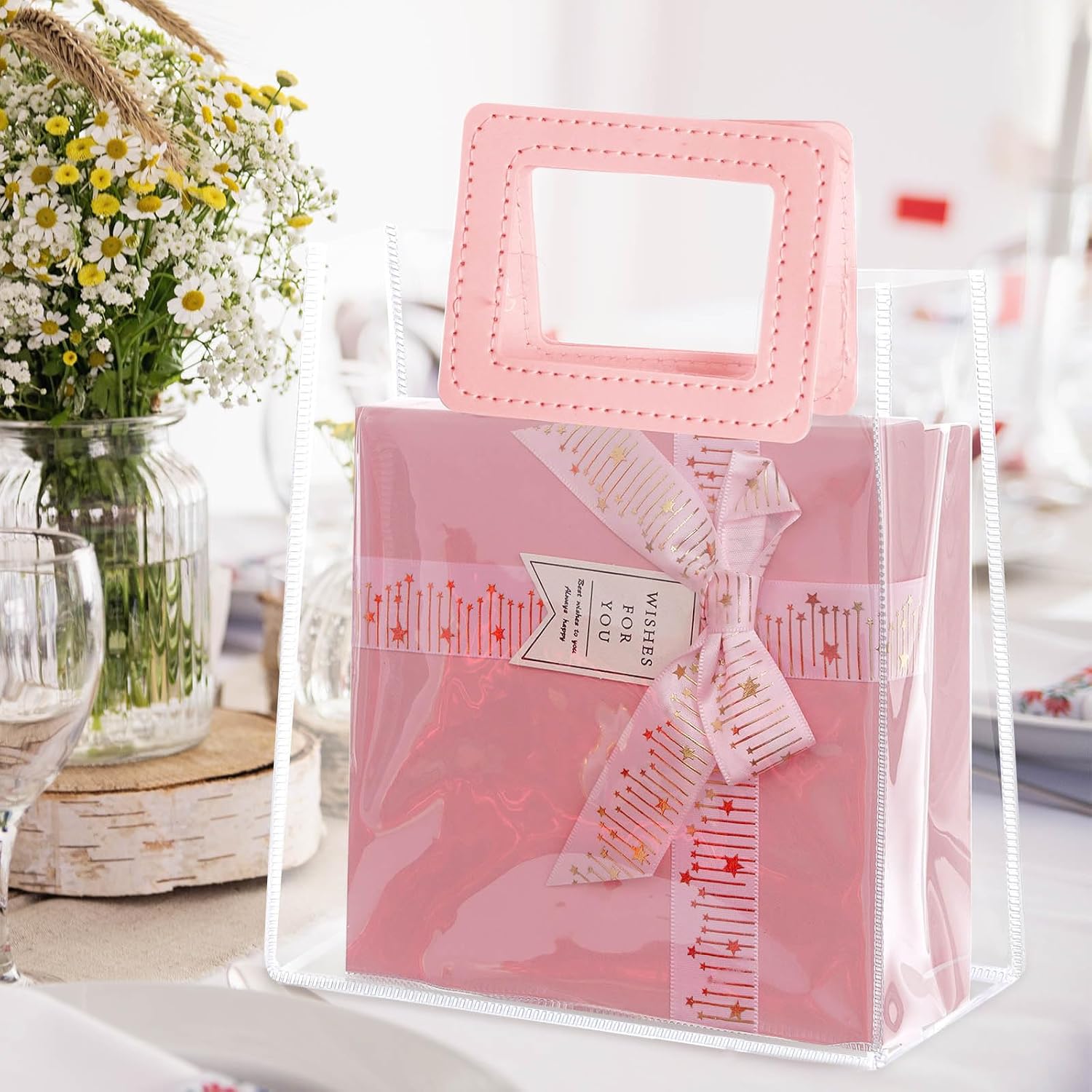 Yolyoo 15 Pack Clear Gift Bags with White Handles Transparent PVC Gift Wrap Bags Plastic Tote Bags Reusable Shopping Bags for Bridal Party,Wedding,Baby Shower,Birthday Party 7 x 8 x 4 Inch (7 x 8 x 4 - Image 4