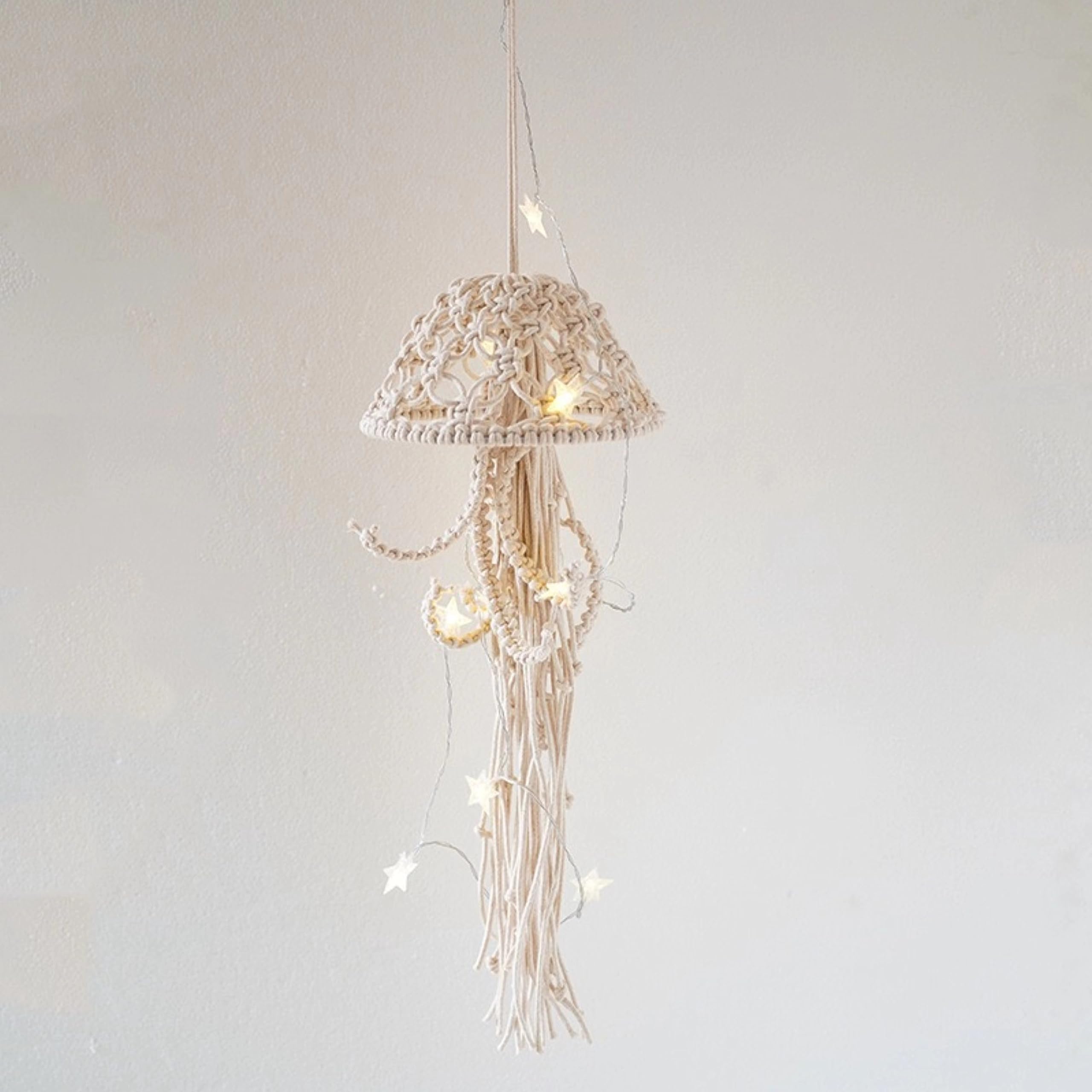 Macrame Wall Hanging,Jellyfish Dream Catcher with Star Lights,Bohemian Woven Wall Art Decor Beautiful Apartment Dorm Room Door Decoration (White)