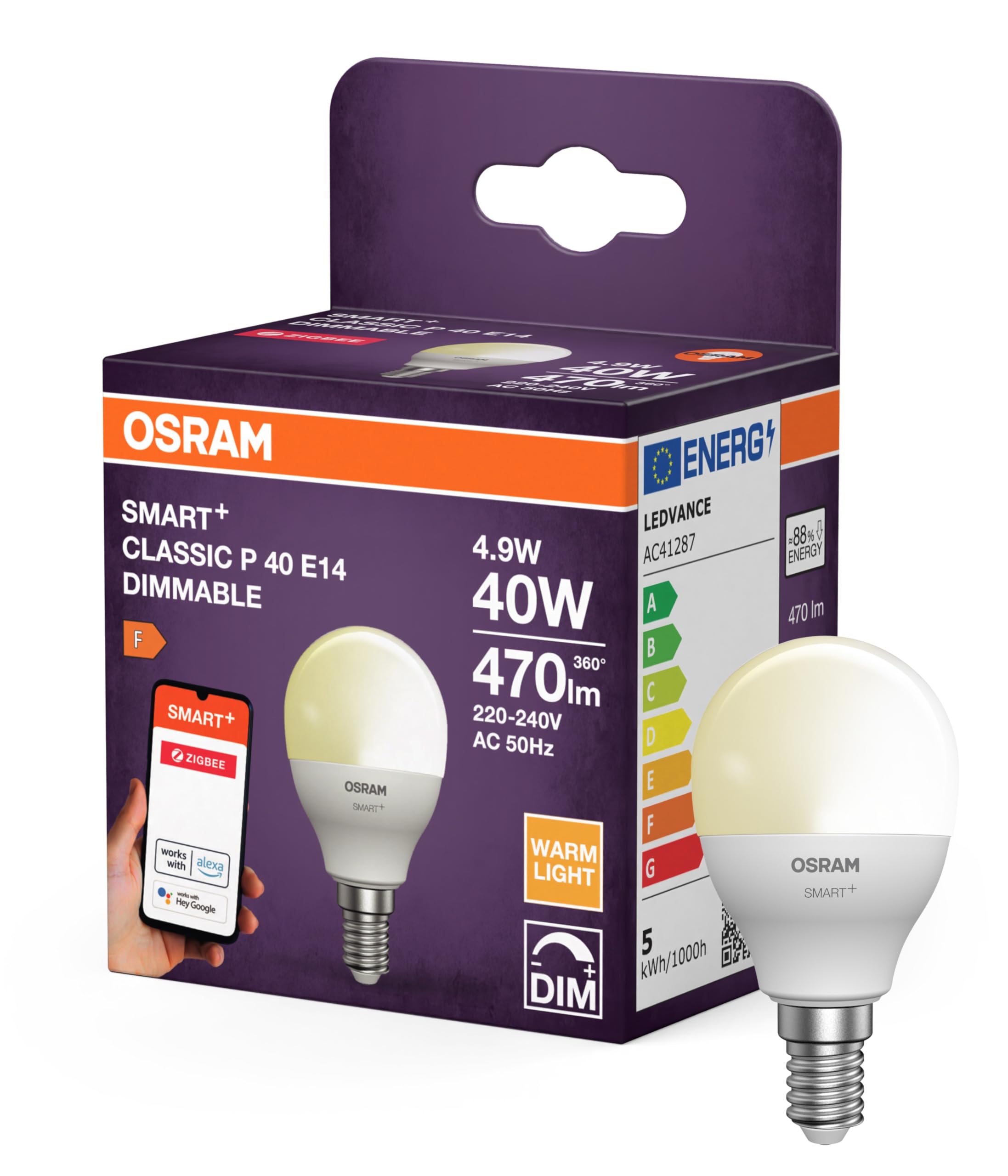 Osram SMART LED Lampe P40 Miniballform E14, 4.9W ZigBee 3.0, dimmbar 2700K warmweiß, App Steuerung, Alexa, Smart Home