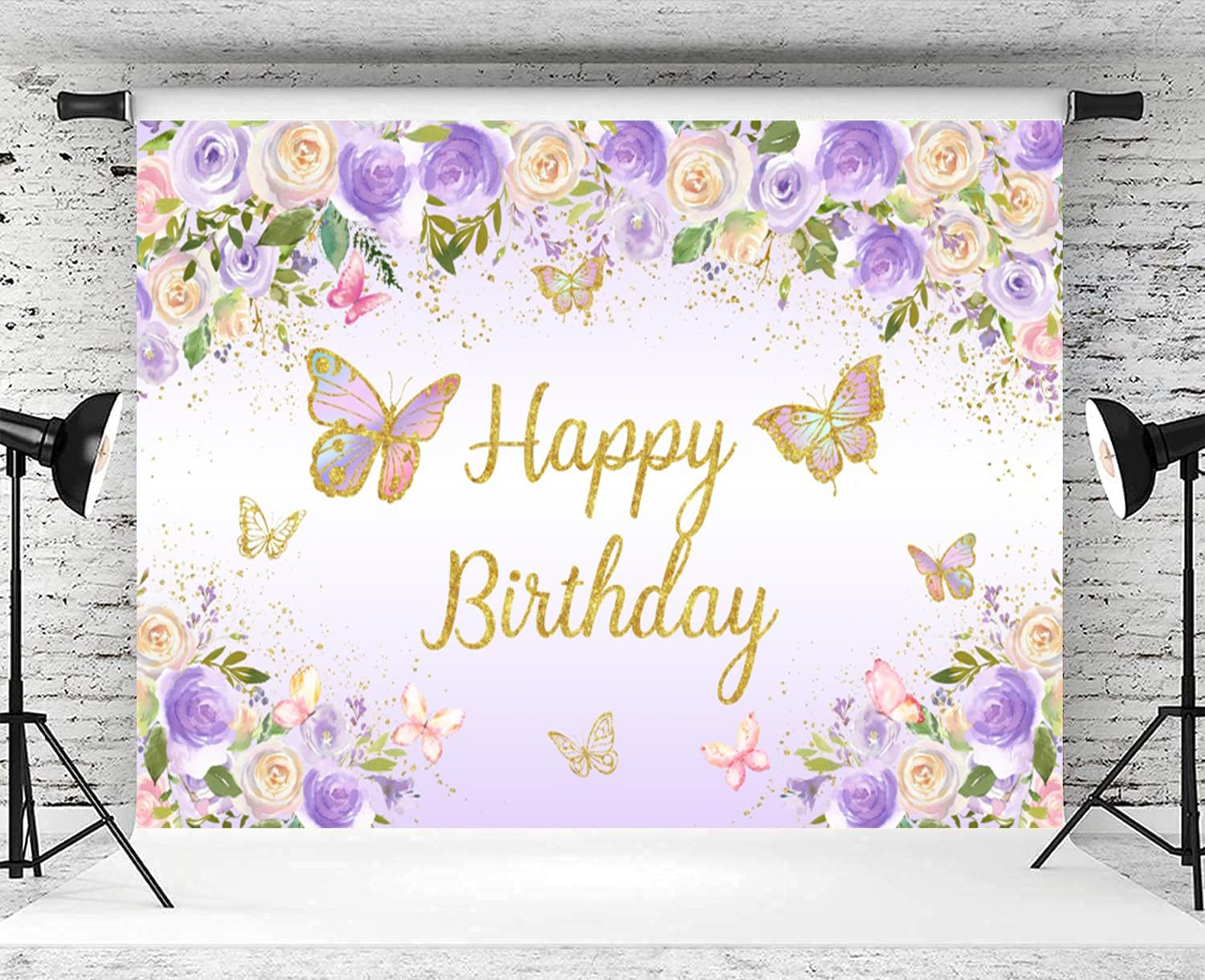 Tło "Happy Birthday", dla dziewcząt, fioletowy, motyl, złoty, baner, księżniczka, dziewczyna, urodziny, przyjęcie, ciasto, dekoracje stołowe, materiały eksploatacyjne, rekwizyty do budki