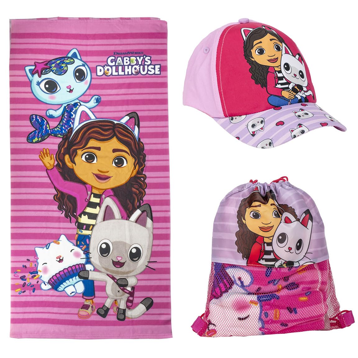 Set Infantil Gabby´s Dollhouse – Saquito De Tela, Toalla Y Gorra Rosa Y Lila, Con Gabby, Pandy Paws Y Kitty Fairy