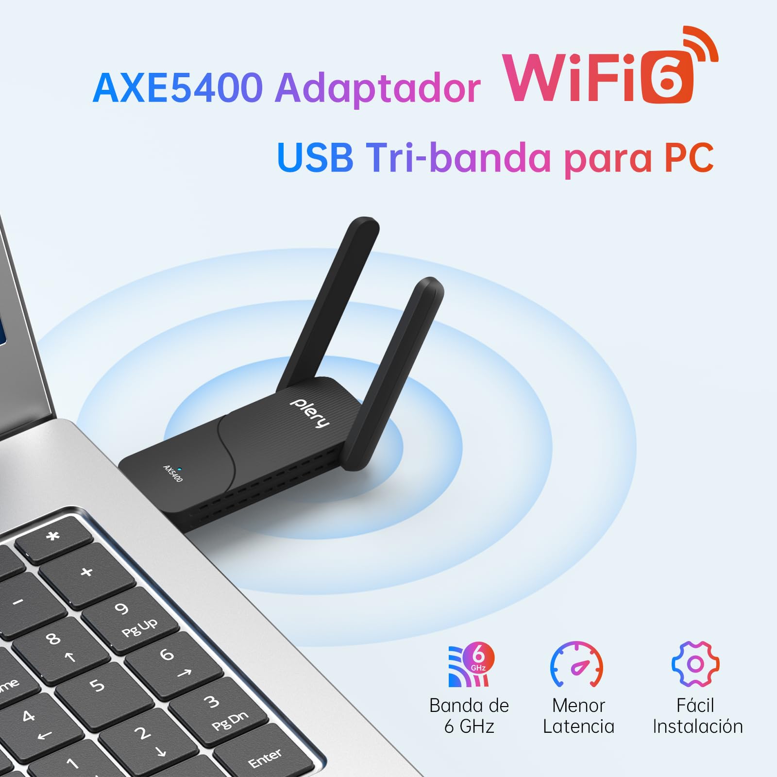 AX5400 Adaptador WiFi USB para PC, USB3.0 Tri-Banda 6/5/2,4GHz Antena WiFi PC, 2 Antenas de Alta Ganancia, Latencia Ultrabaja, MU-MIMO, OFDMA, WPA3, Compatible con Windows 11/10