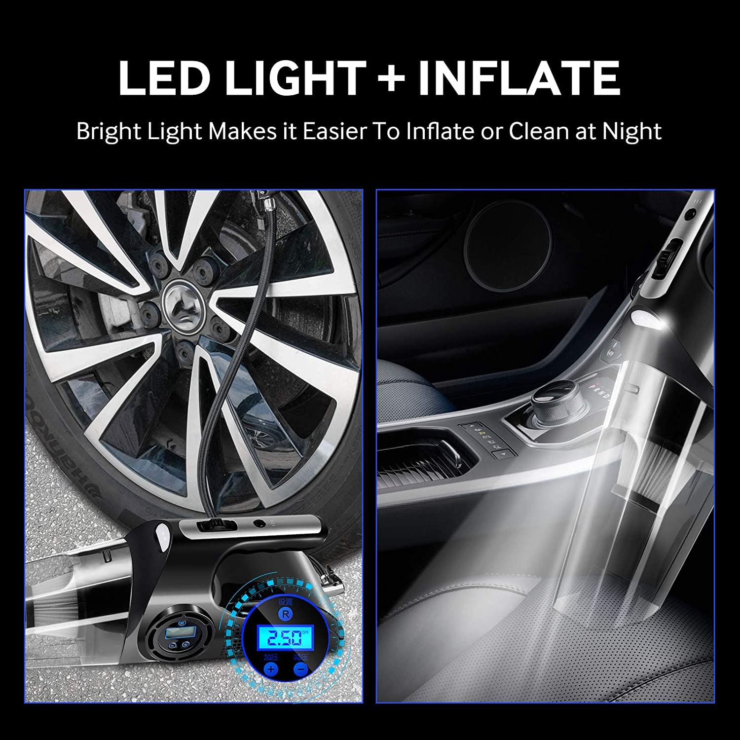 Svkipibe Car Vacuum Cleaner 4 in 1 Multipurpose Portable with Digital Air Compressor Pump, 6000PA, Tire Inflator for Car with LED Flashlight, Washable HEPA Filter.