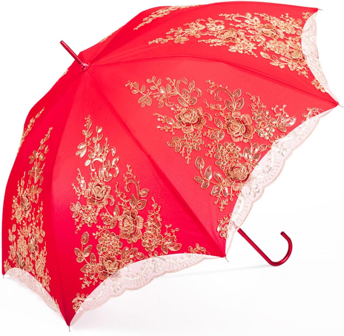 JITEM Chinese Wedding Red Umbrella Embroidered Lace Bridal Umbrella Long Handle Double Canopy Auto Open Stick Umbrella for Bride Groom Shower Party