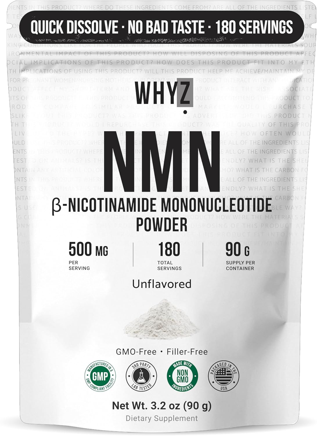 Pure NMN Powder Nicotinamide Mononucleotide Quick Dissolved NMN Supplement Powder 100% Unflavored NMN Supplement Supports NAD+ Levels Vegan Friendly Non-GMO, 90g