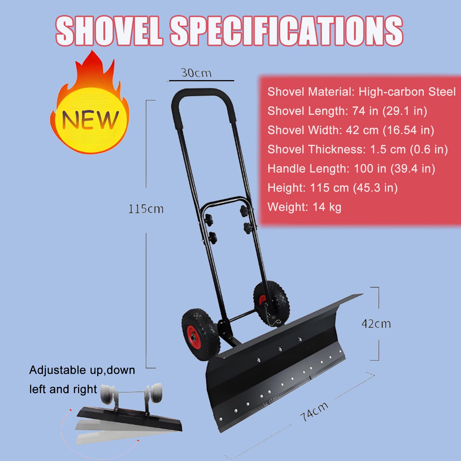 Pala de nieve de invierno con ruedas, empujador de nieve para exteriores, neumáticos antideslizantes, mango de doble palanca para una eliminación eficiente de nieve y hielo, diseño de empuje fácil