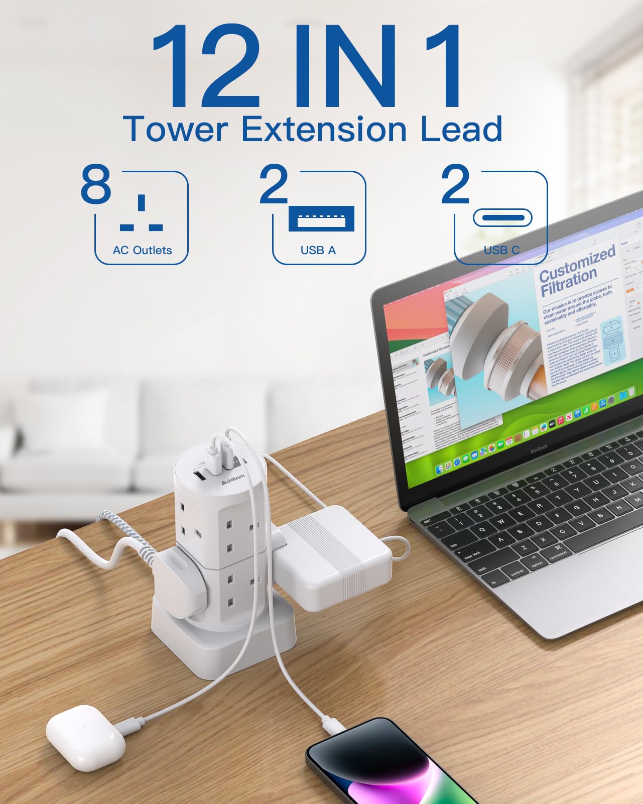 Tower Extension Lead with USB Slots, (13A 3250W), 8 Way Multi Plug Extension Tower & 4 USB Ports (2 Type C & 2 USB A Ports) - Image 2
