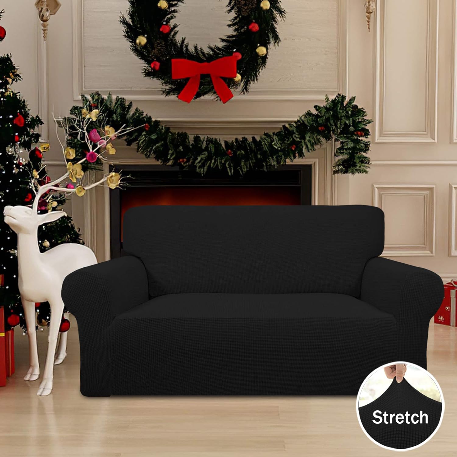 Easy-Going Stretch Loveseat Slipcover 1-Piece Sofa Cover Furniture Protector Couch Soft with Elastic Bottom for Kids Polyester Spandex Jacquard Fabric Small Checks (Loveseat, Black)