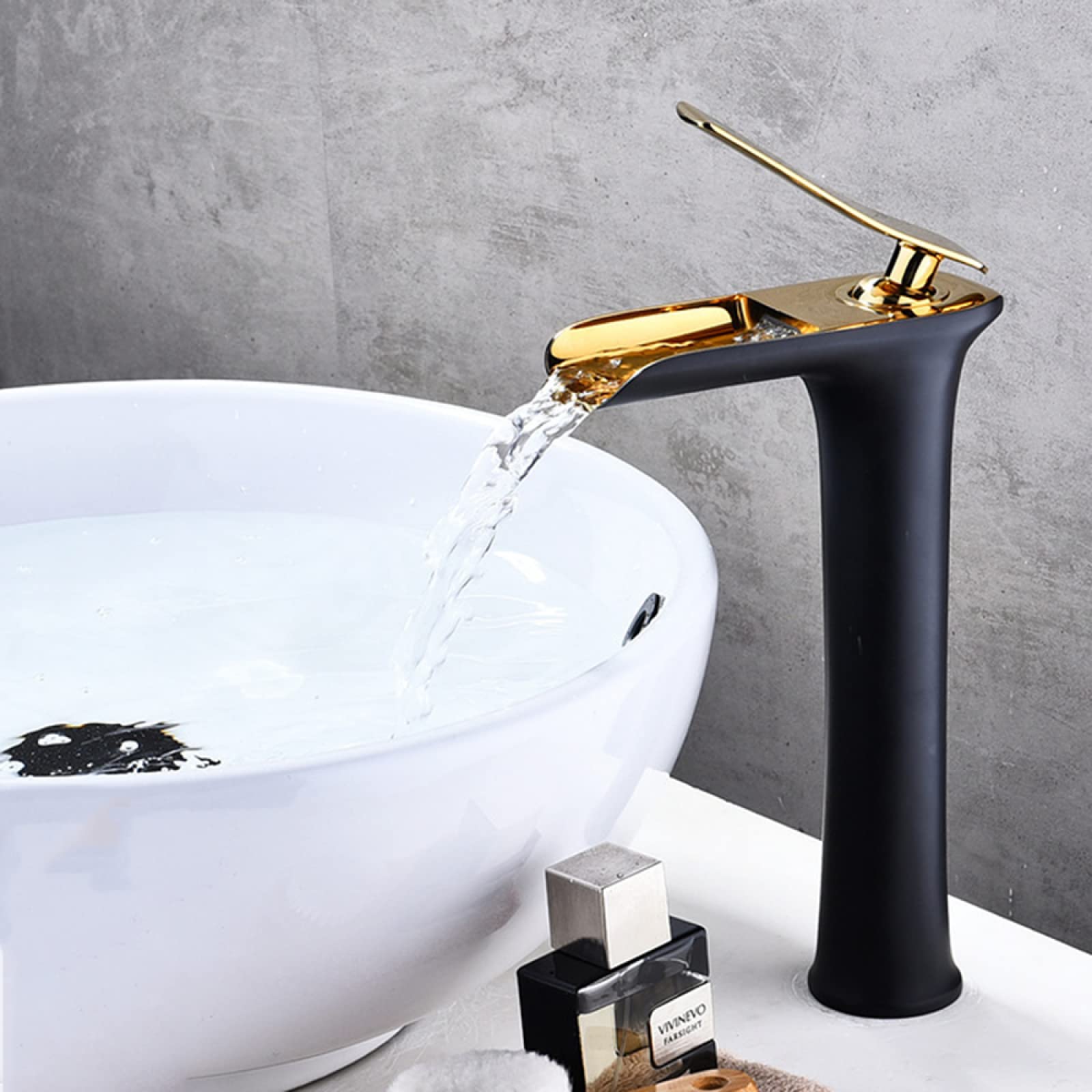 Bad Armaturen Waschbecken Wasserfall, Badarmatur Waschtisch Armatur Warmes und Kaltes Wasser, Einhandmischer Waschtischarmaturen Hoch, Schwarz