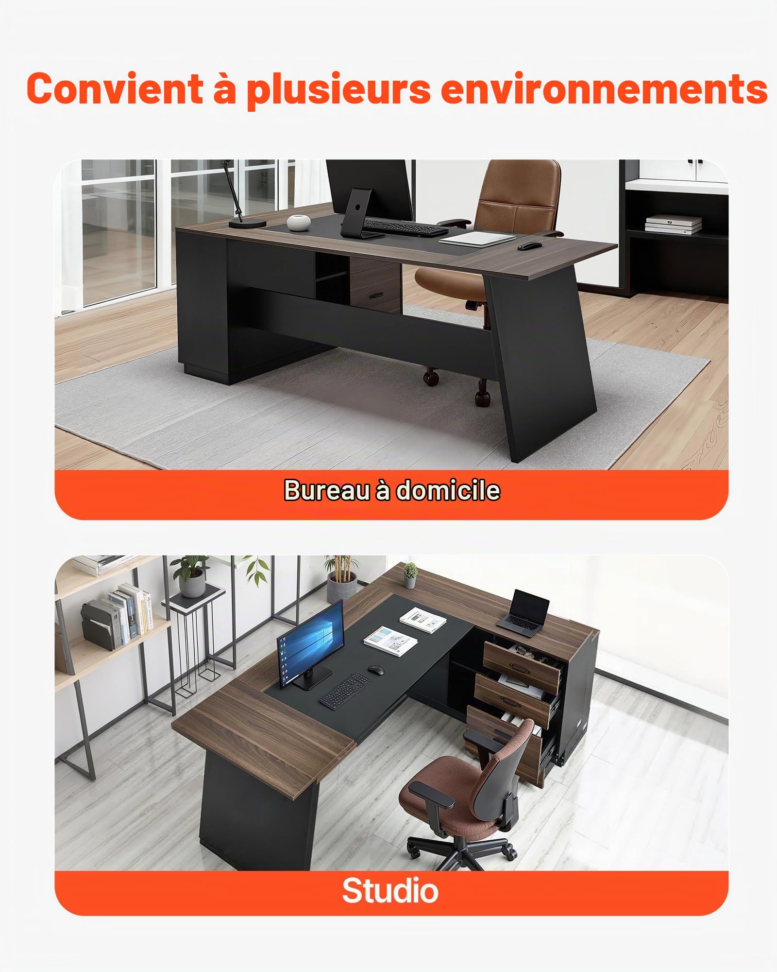 VEVOR Bureau de Direction en L, Charge de 158,7 kg, Bureau d'ordinateur Moderne avec tiroirs et Armoire de Rangement, Grande Table d'étude en Bois Robuste, pour Travail et écriture, Marron et Noir