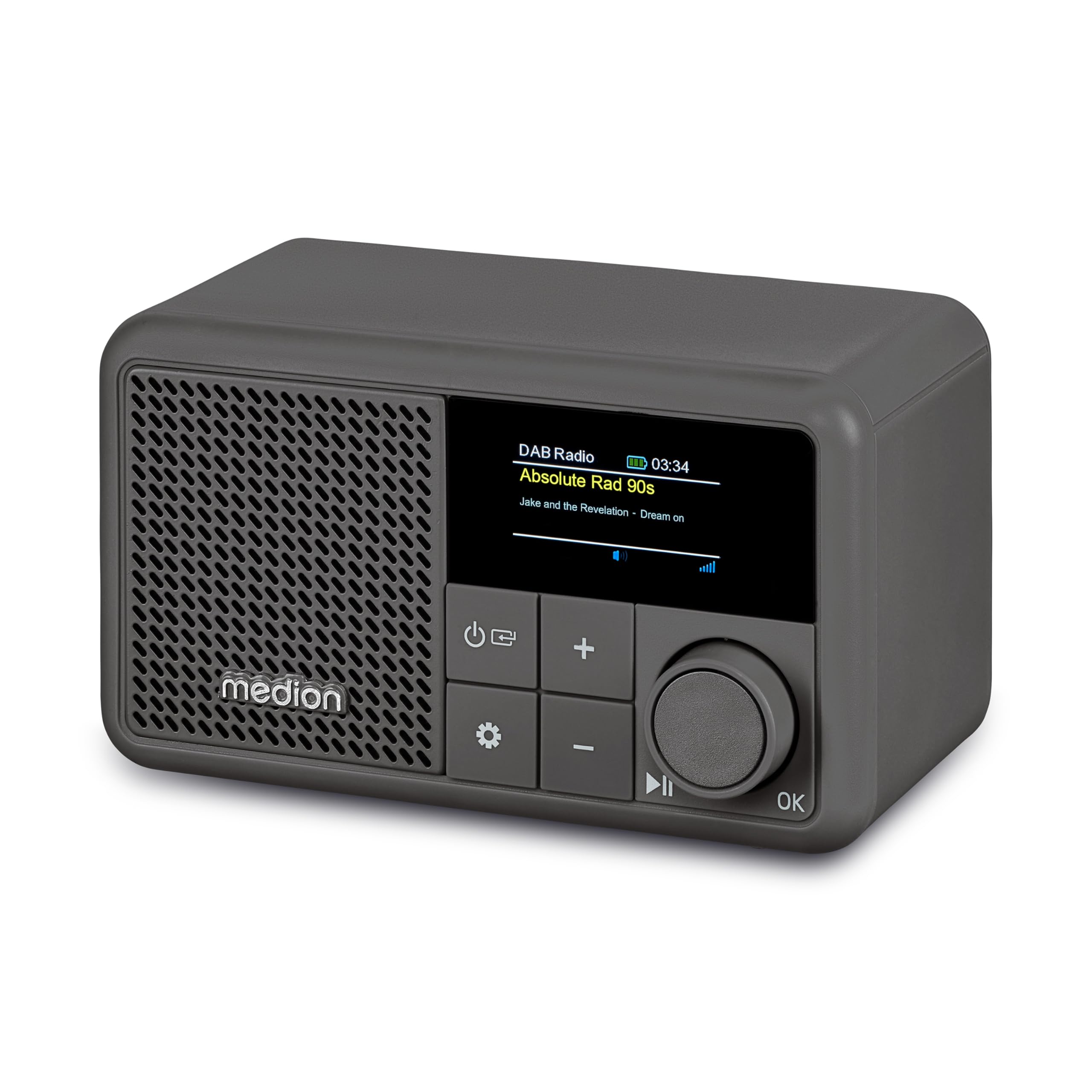 MEDION S66822 Mini Radio Dab+ portátil con Bluetooth (batería Recargable, Pantalla a Color Regulable, Antena telescópica, Temporizador de Apagado, Despertador, Snooze, AUX, USB-C) Gris