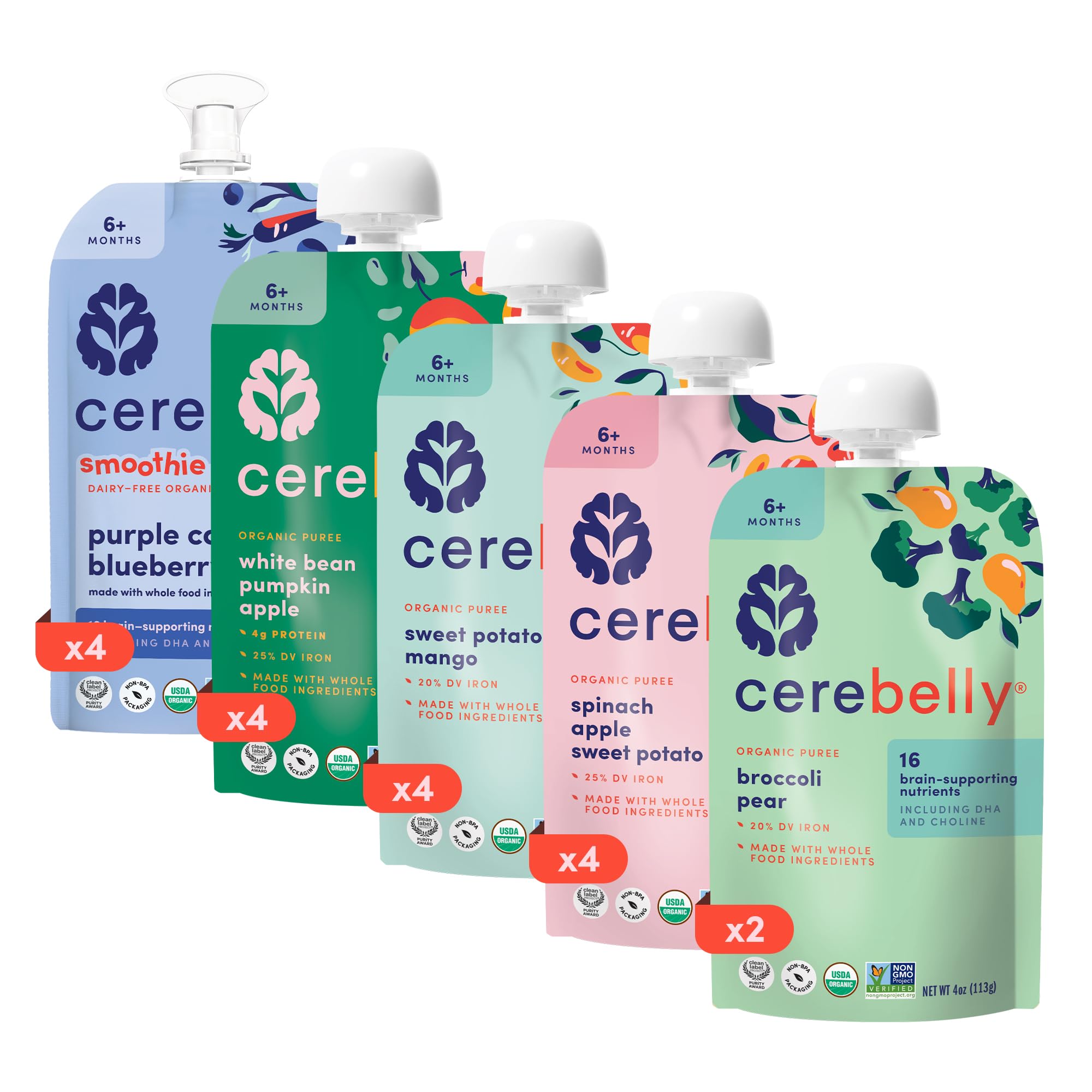Cerebelly Organic Baby Food Pouches, Fan Favorite Variety Pack, No Added Sugar & Non-GMO, 4 oz, 18 Pack