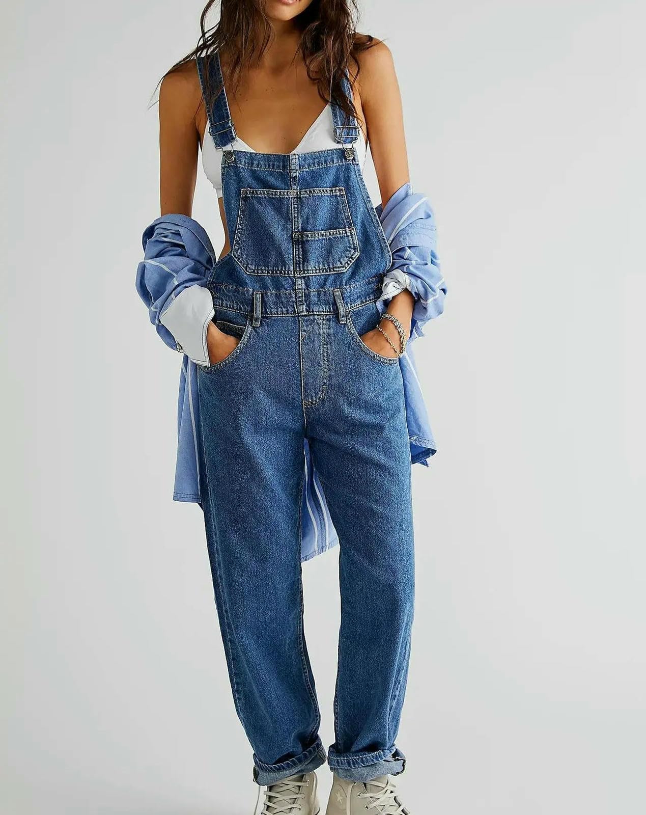 Mono De Verano Mono Corto Holgado De Corte Recto con Bolsillos, Estilo Retro Casual para Mujer.