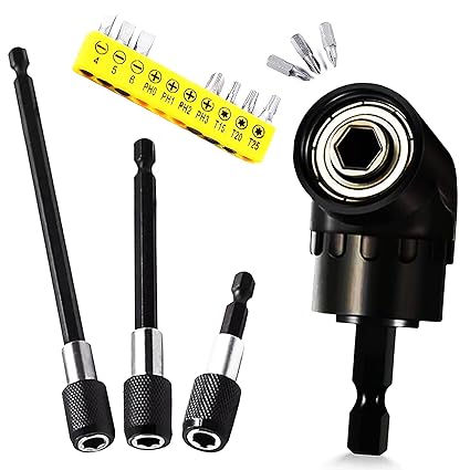 Magnetic Bit Holder Set-3 PCS Quick Change Drill Bit Extension 1/4? Hex Shank Extender +105 Right Angle Drill Attachment Socket Adapter+10 PCS Mini Pocket Screwdriver Bit Tool Set-BB14
