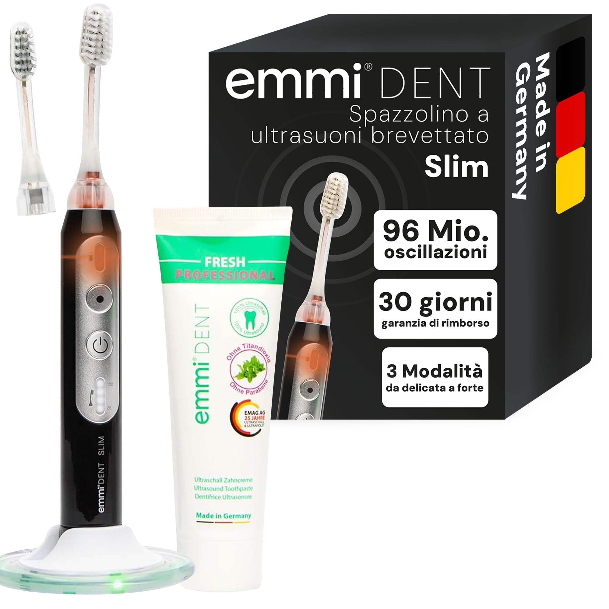 emmi-dent Spazzolino da denti ultrasonico Slim – 96 milioni di vibrazioni/minuto – Spazzolino elettrico 3 modalità di pulizia, testina intelligente e stazione di ricarica – Pulizia delicata dei denti