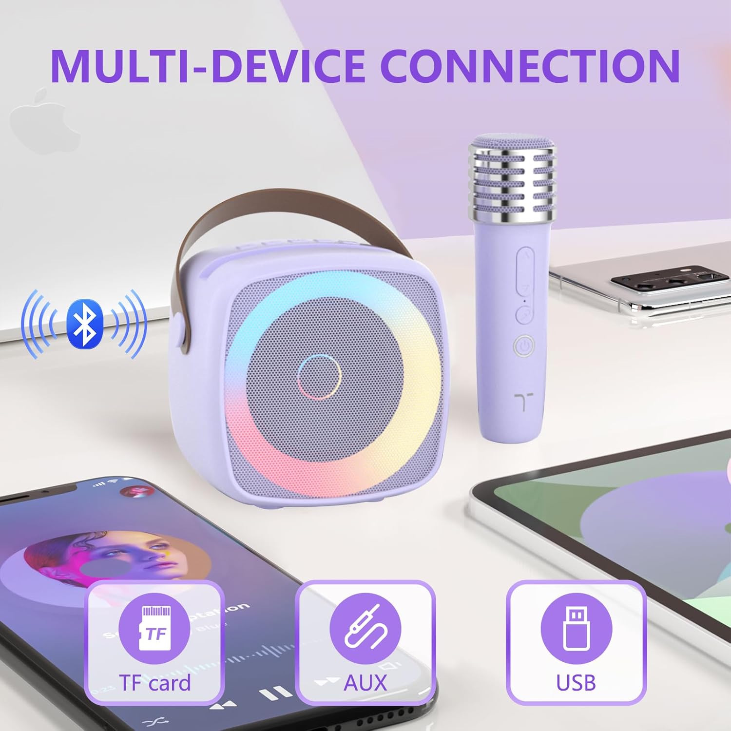 Karaoke Machine 2 Microphones for Home Party with Phone Holder, Wireless Portable Bluetooth Speaker with Dynamic Lights for Kids Adults,Voice Changer Mic Speaker Set - Image 3