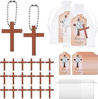 100 Sets Funeral Favors Wooden Cross Angel Keychain, Memorial Decorations for Celebration of Life Thank You Cards Organza Bags for Guest Baptism Religious Communion Family Friends Christian Gifts