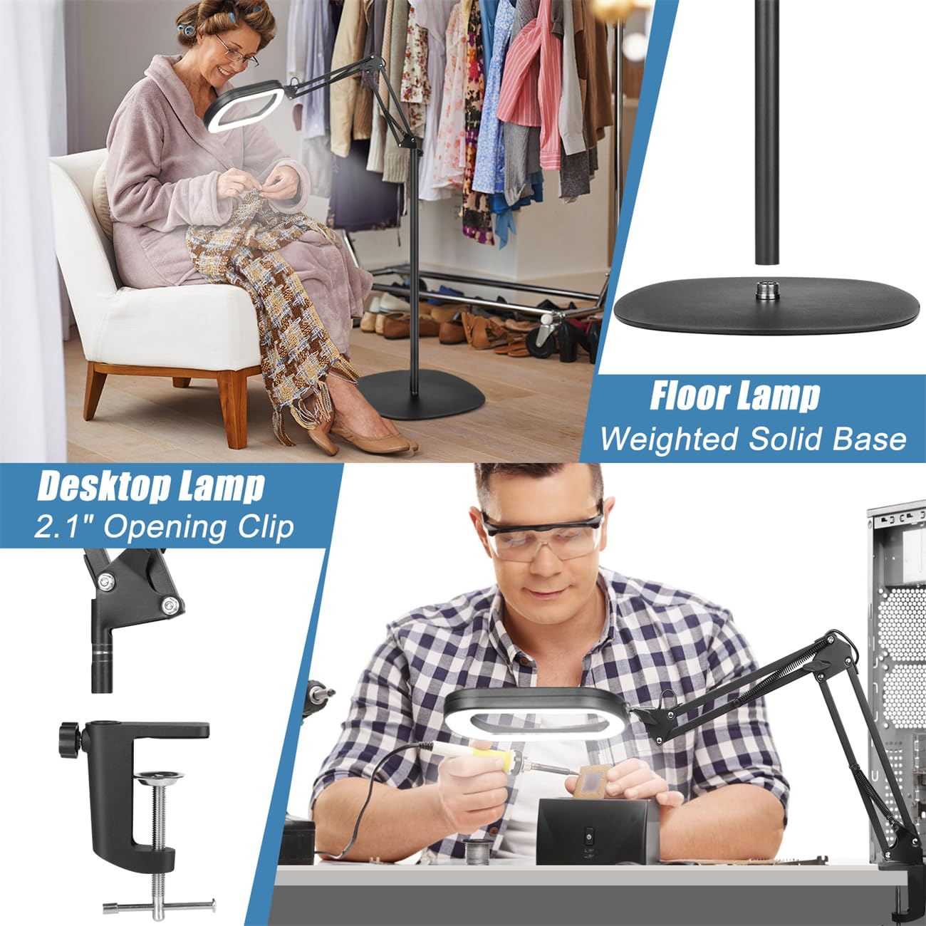 IVMAIE Lupa de 10 aumentos con luz y soporte, lámpara de pie 3 en 1 con abrazadera, 5 modos de color, LED regulable, lupa de pie con luz manos libres para trabajos cercanos, costura, pintura, lectura