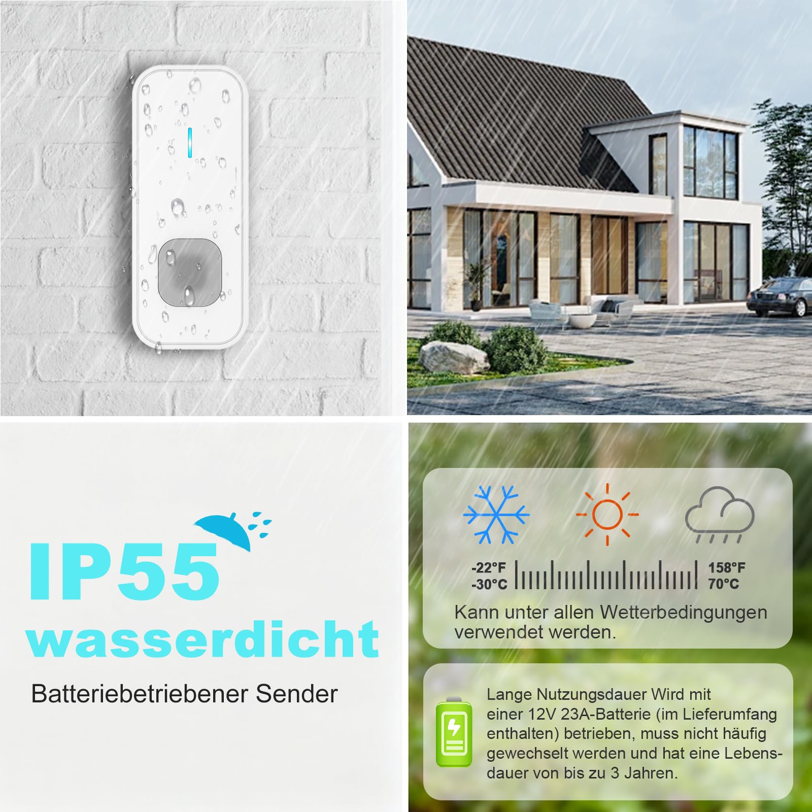 AIMAX Funkklingel mit 2 Sender und 3 Empfänger,klingel Haustür kit,400m Hohe Reichweite, IP55 Wasserdicht, 55 Klingeltöne, 5 Lautstärkestufen Mit LED-Blitz,kabellose Installation