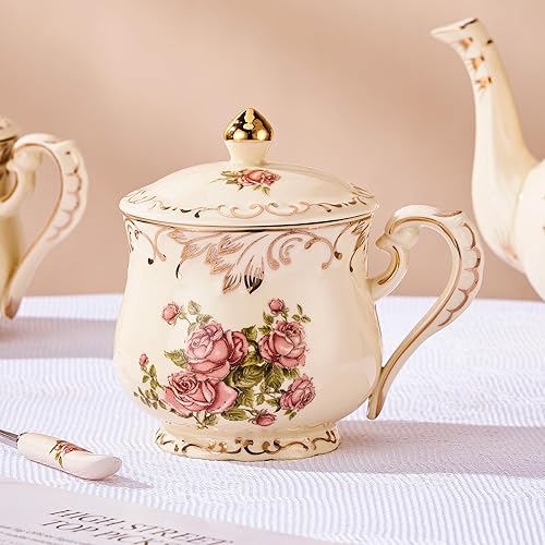 Miniatura 6 de YOLIFE Taza de té con tapa, taza de té de 12 onzas con tapa y cuchara, tazas de té de flores de cerámica, regalo de cumpleaños para mamá y mujer