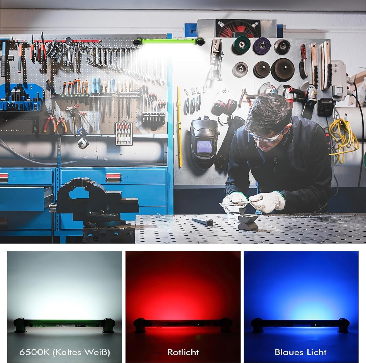 MEIKEE Lampa robocza, 3000 lm, 3 poziomy jasności, 6 trybów świecenia, lampa warsztatowa z magnesem i hakiem, reflektor LED z akumulatorem do ponownego ładowania, reflektor budowlany na kemping, do