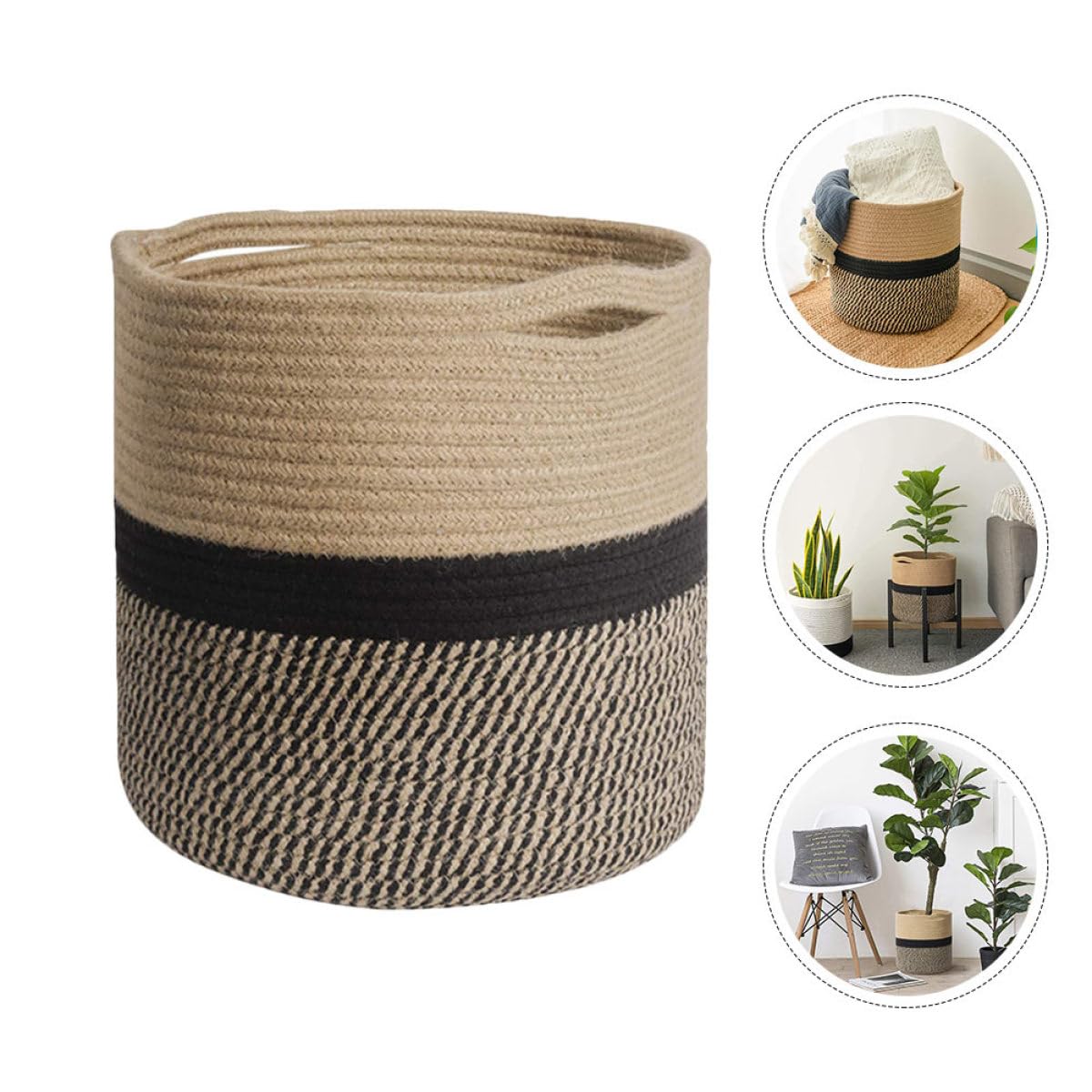 KICHOUSE Cesta de Almacenamiento Redonda de 30 Cm, Cesta Organizadora de Algodón Trenzado en Amarillo y Negro para Ropa Sucia y Artículos del Hogar, Contenedor Práctico para Baño