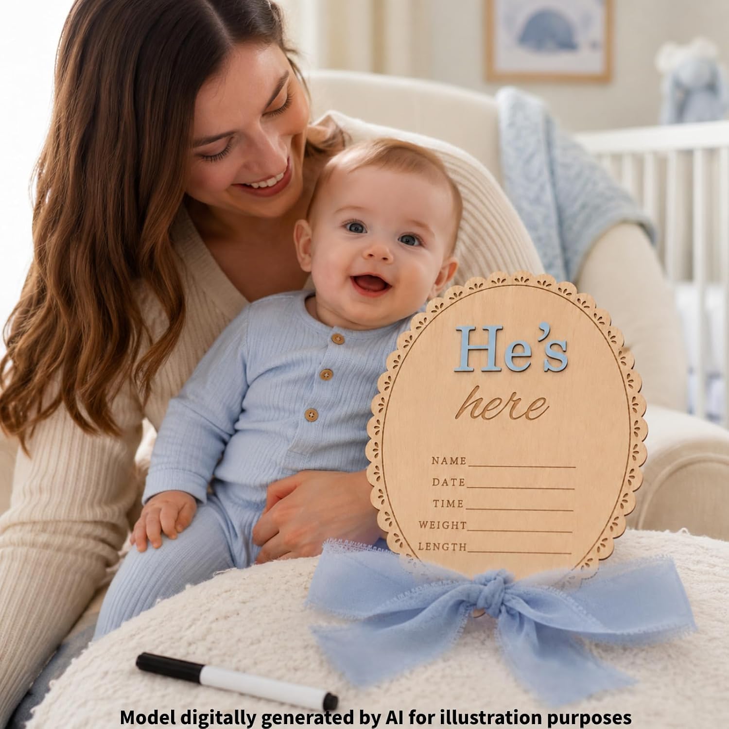 Baby Announcement Sign with Pen, He's Here Wooden Newborn Boy Sign | 15 cm scalloped wood name plaque with bow for hospital photos, nursery flat lays, and keepsake displays (Blue He's)