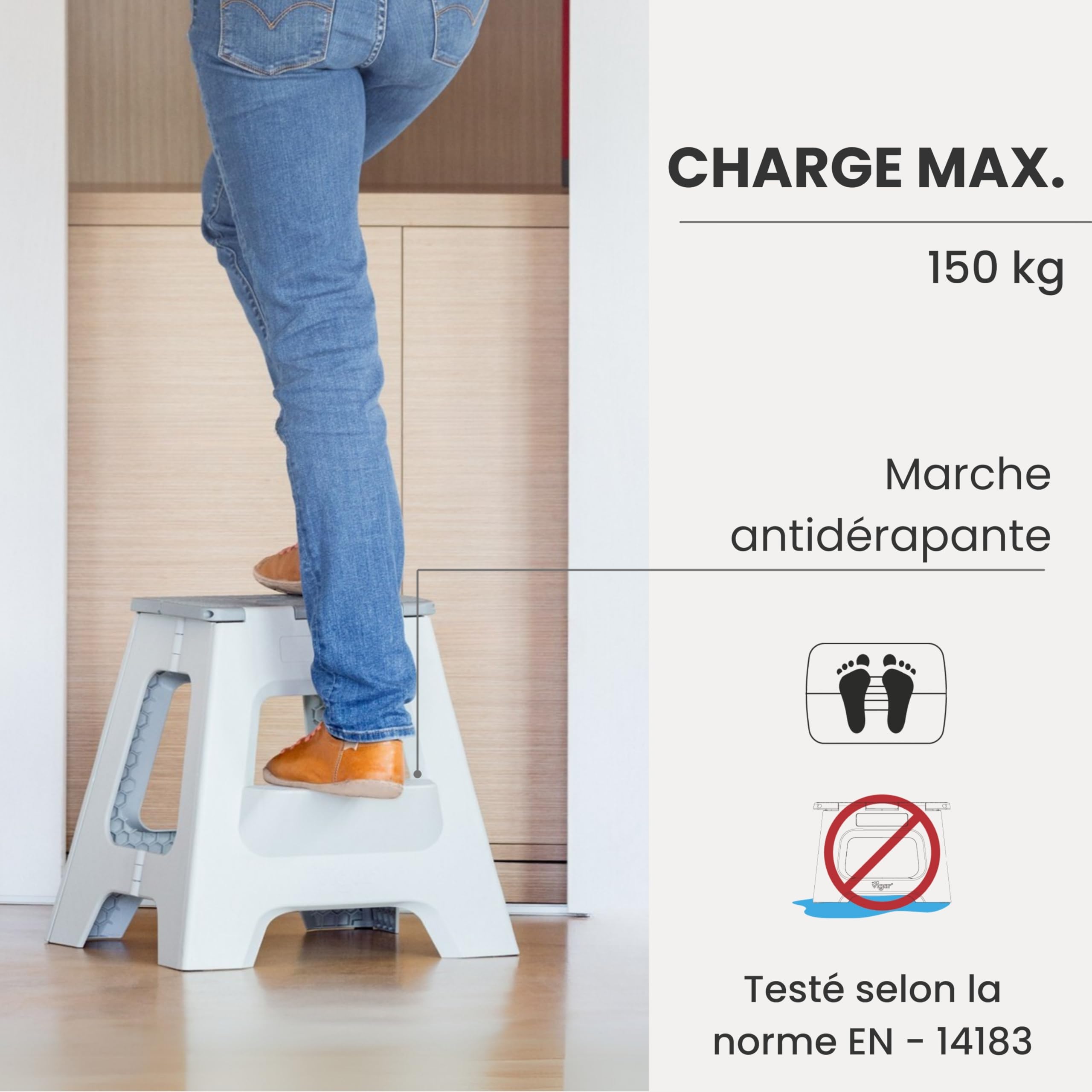 Vigar Compact Tabouret Pliant pour Adultes, 40 cm Marche Pied Pliable 2 Marches, Antidérapant Escabeau pour Salle de Bain, Toilette, Jardinage, Kitchen, House, Bureau, Supporte jusqu'à 150 kg, Gris