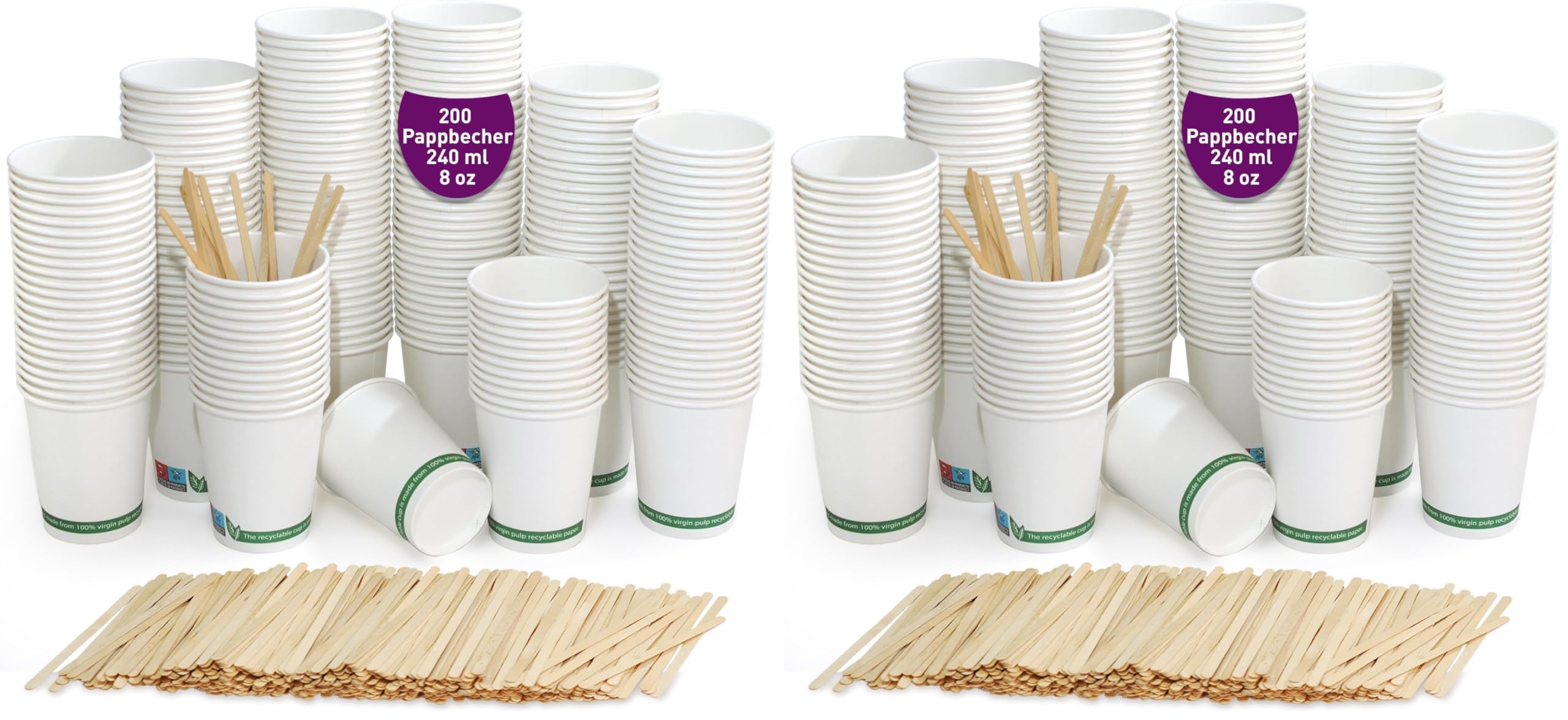 GoBeTree 200 Einweg-Kaffeebecher aus weißem Pappe, 240 ml, 8 Unzen, weiße Einweg-Pappbecher mit Holzstäbchen für Kaffee, heiße und kalte Getränke. (Packung mit 2)