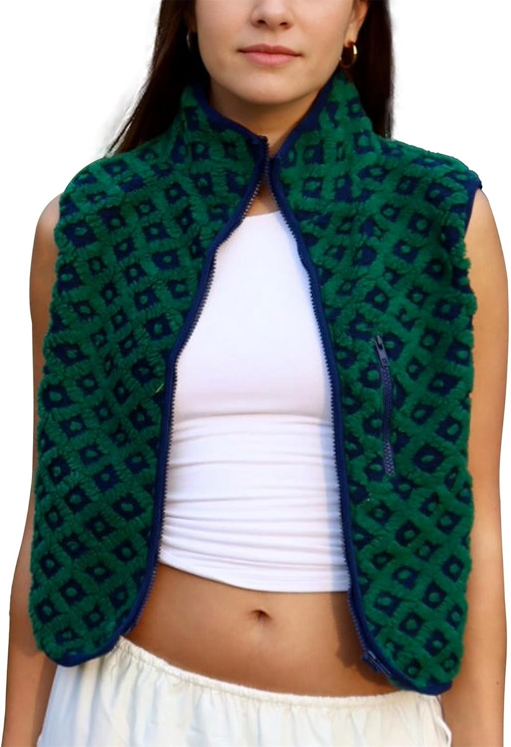 Songling Fleece Vest Women Checkered Sherpa Vests Cropped Waistcoat