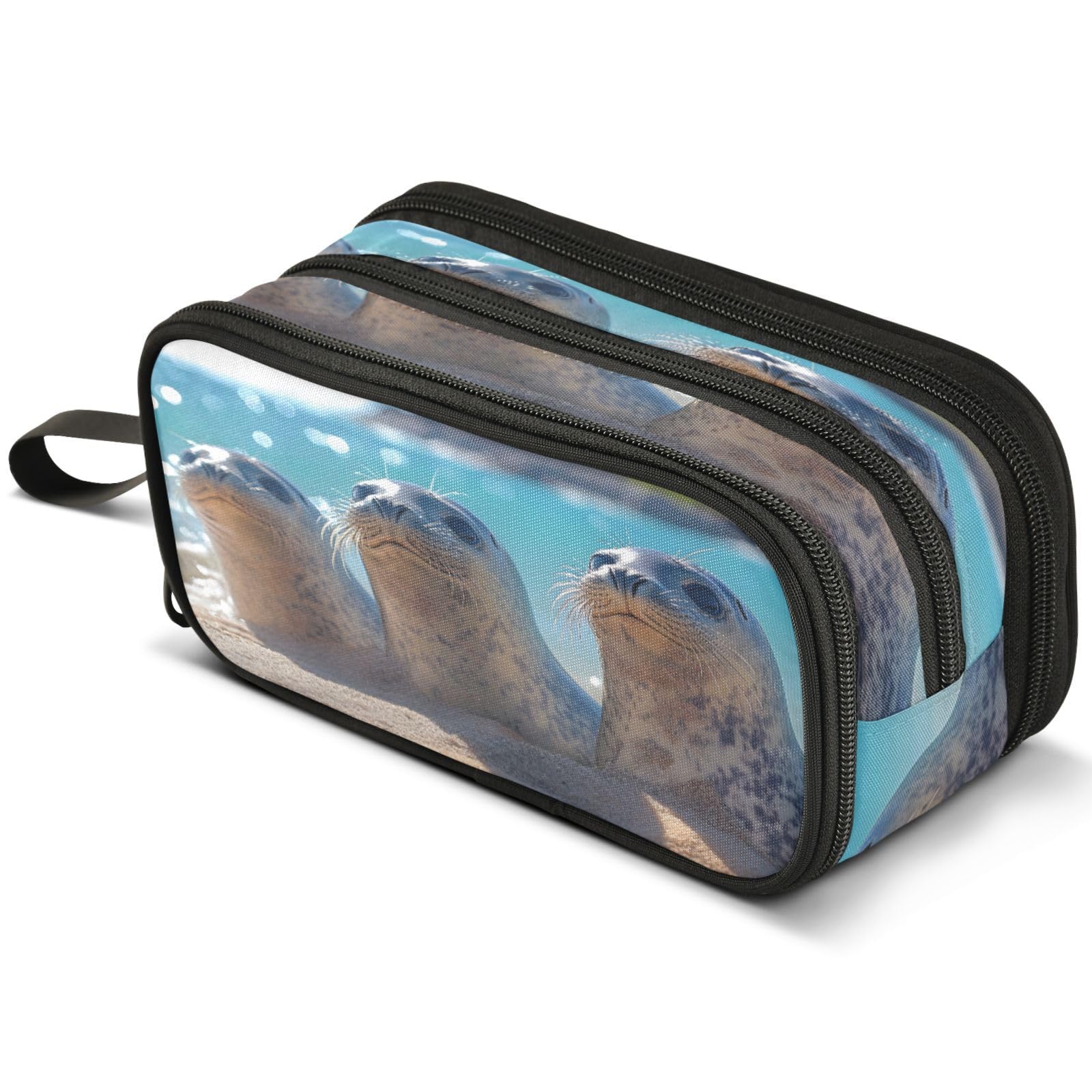 ALAZA Three Cute Seals Large Pencil Case, Pen Pouch Pencil Bag with 3 Compartments Pen Holder Organizer Stationery Bag