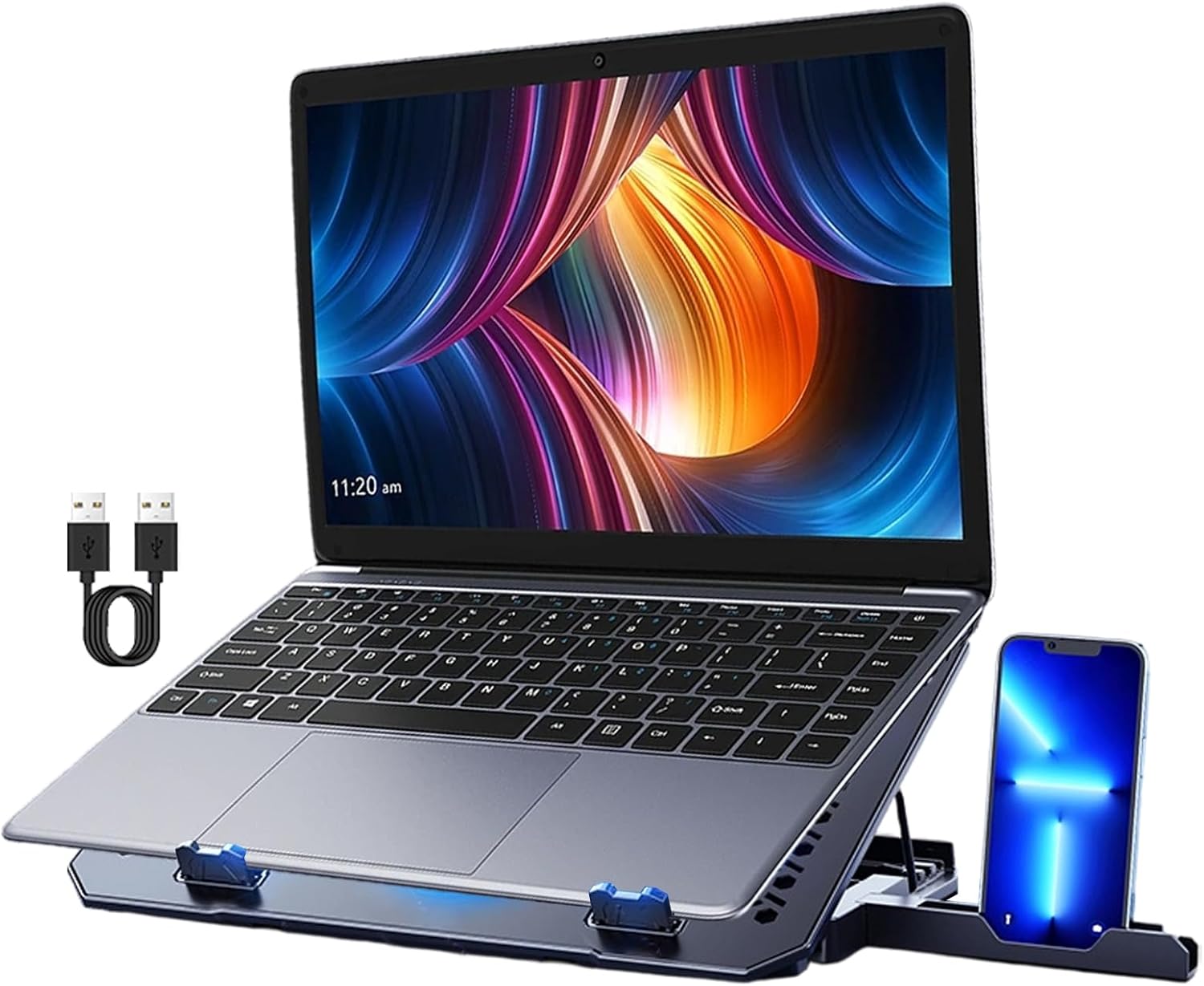 Laptop Cooling Pad Stand, Adjustable Desk Notebook Holder, Laptop Stand with Built In Fan, Computer Accessory with Compact Design, Heat Resistant Metal Grid for Desk Work Meeting Travel Office Bedroom