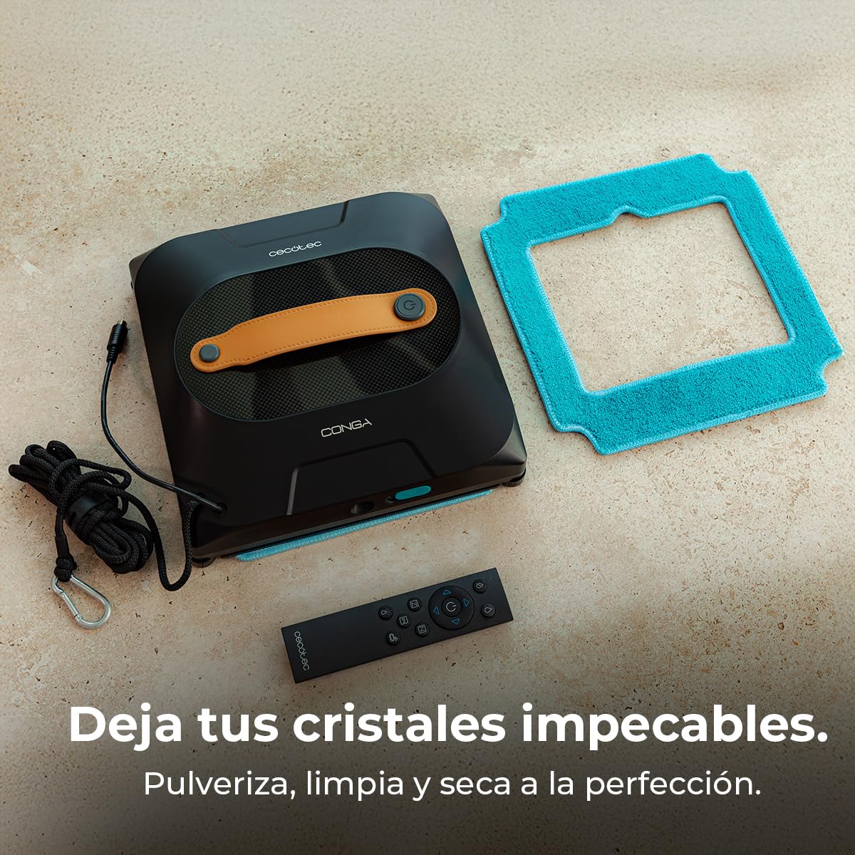 Cecotec Robot Limpiacristales con App y Mando Conga Windroid 1390 Double Spray Connected. 3 en 1, Pulveriza, Limpia y Seca, Doble Spray, 8 Modos, Radio Acción 7,5m, Cuerda de Seguridad, Kit Limpieza