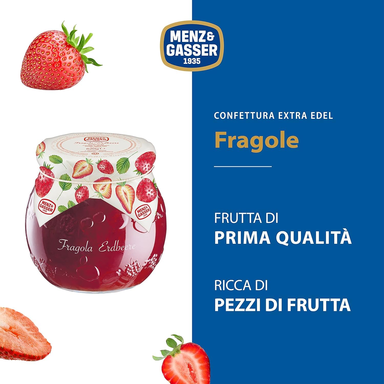 Italian Gourmet Menz&Gasser Confettura Extra di Fragole Edel und Aprikosenkonfitüre, Premium Erdbeer-Konfitüre mit Fruchtstücken, 6 Gläser à 620 g+ Italian Gourmet Polpa 400 g