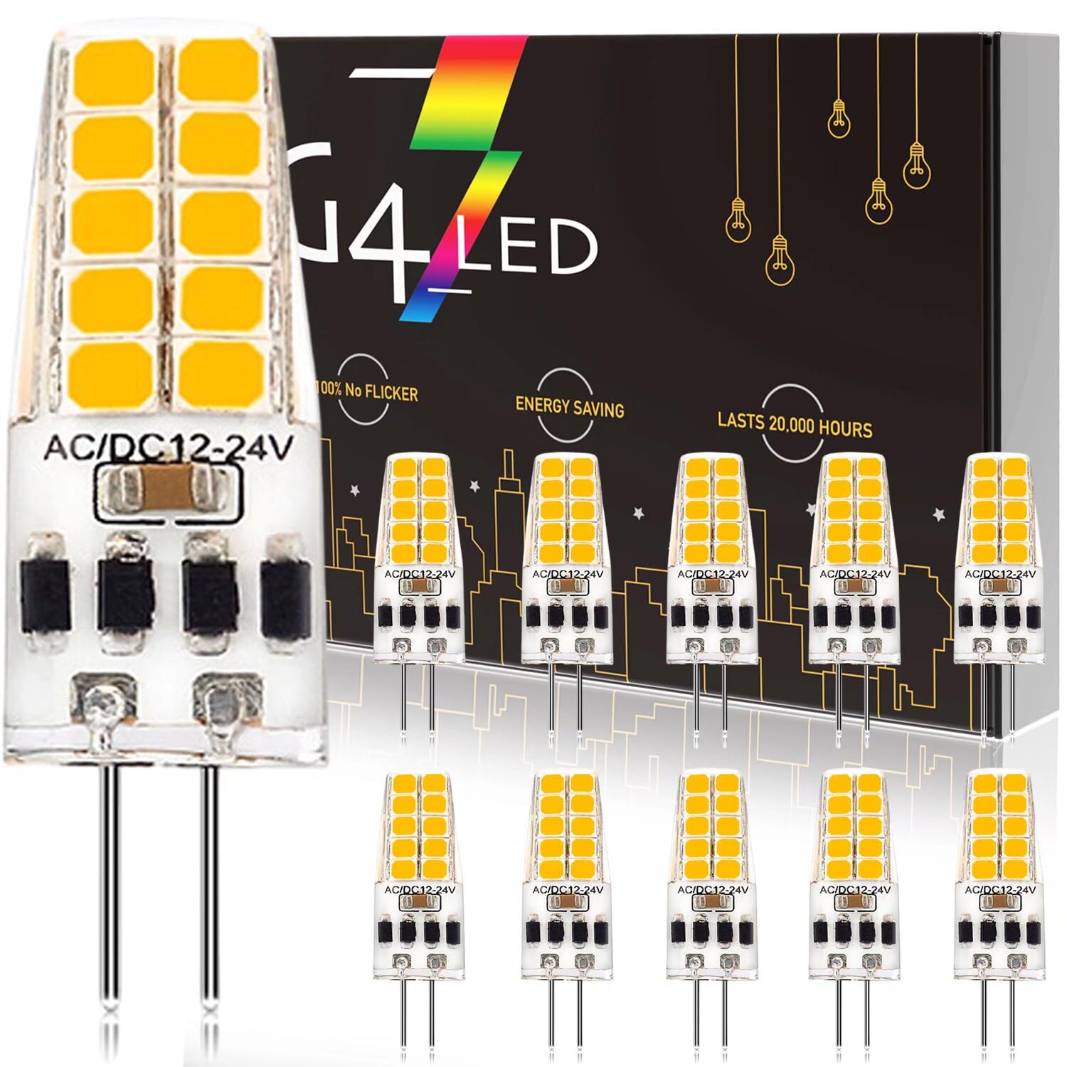 G4 LED Bulbs Dimmable, 4000K Natural White 300LM, 3W G4 LED Equivalent 30W G4 Halogen Lamps, AC/DC 12V-24V, Non Flicker, Bi-Pin Base JC Type Energy Saving LED Light Bulbs, 360° Beam Angle, 10 Pack