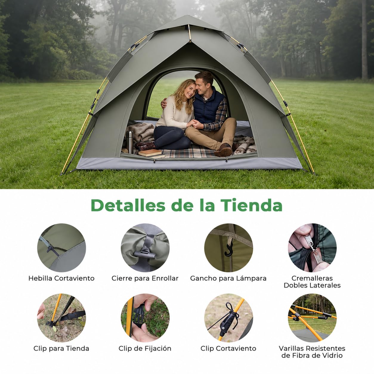 Tienda de campaña para 3 Personas, Tienda de campaña desplegable con Tienda Exterior extraíble, Tienda Interior 205 x 205 x 135 cm, Impermeable y Resistente al Viento, Tienda de campaña para Camping