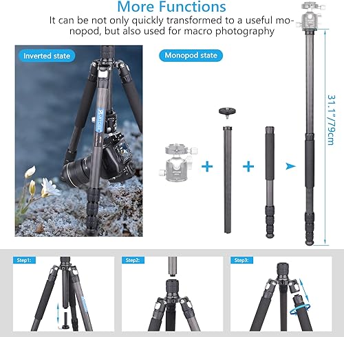 Miniatura 6 de Trípode de fibra de carbono de 68.1 pulgadas, 10 capas, tubo de carbono, profesional, ligero, portátil, cámara de viaje, trípode monopie para Sony