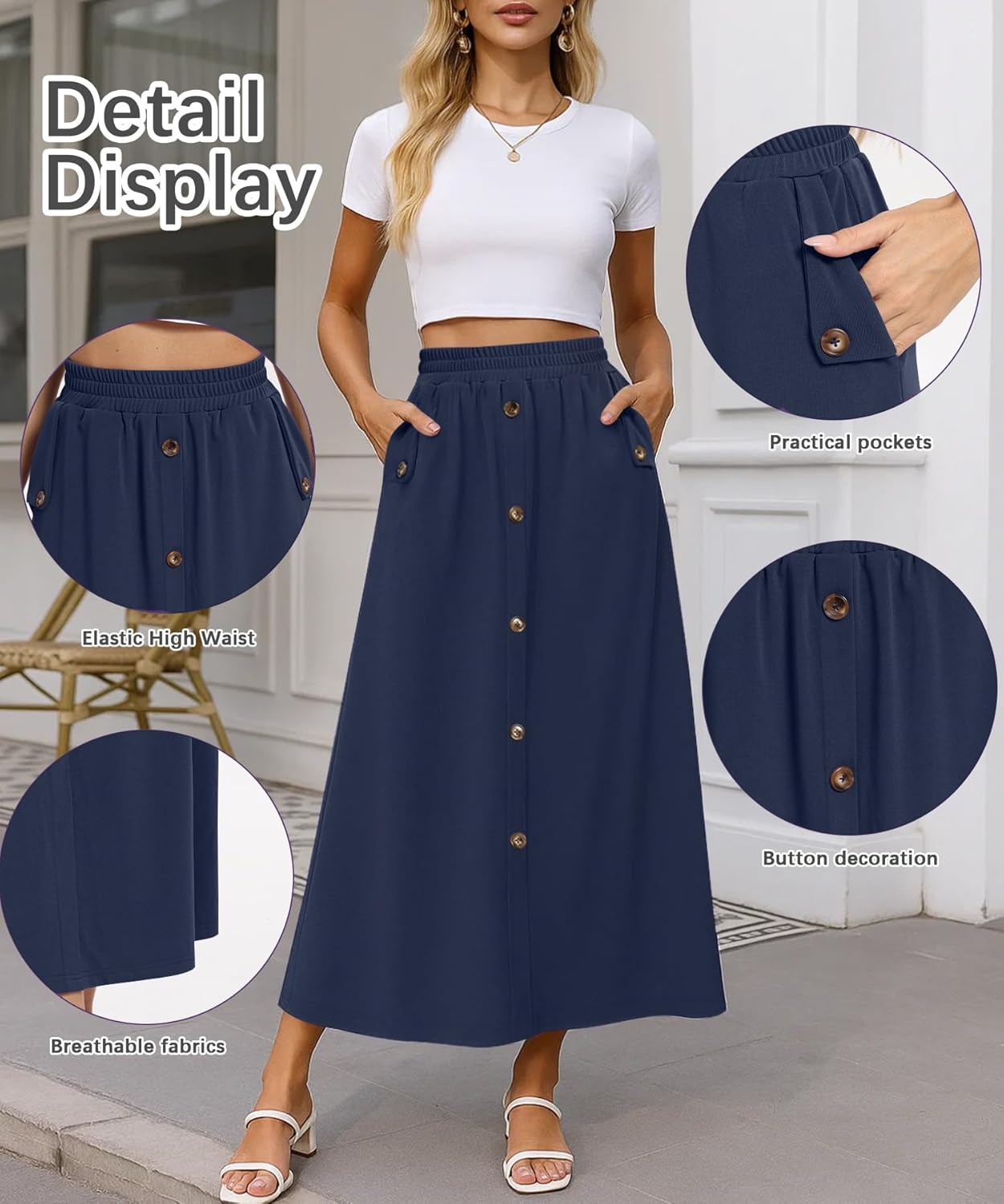 Women Elastic High Waisted A-Line Midi Skirt Button Front Flowy Long Skirts Casual with Pockets - Image 4