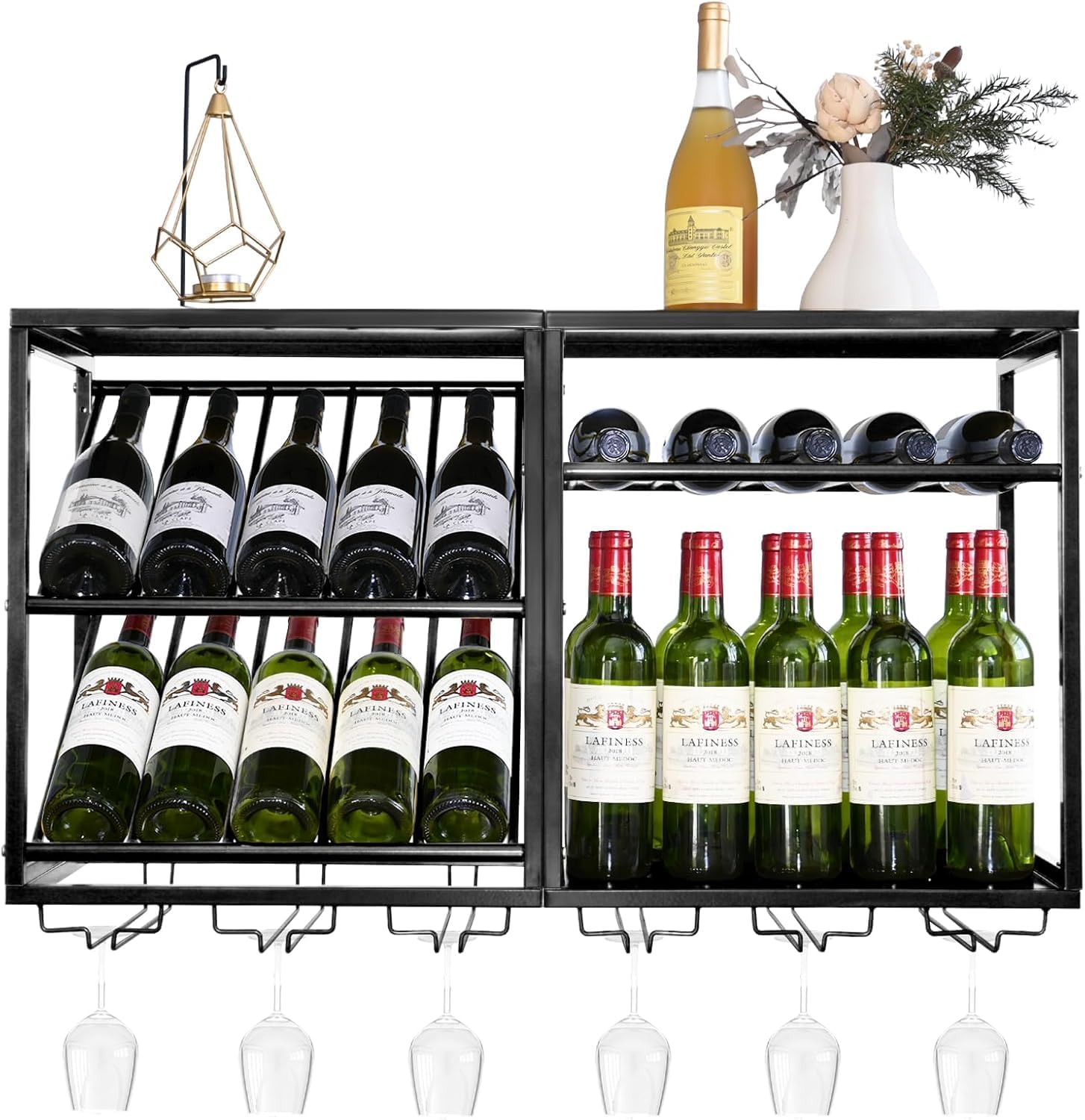 OGFC 58153 Wall Mounted Wine Rack - 20 Bottles Black Wall Wine Rrack with 6 Glass Holder, Modern Metal Frame Wine Storage Display Shelf Space-Saving Design for Home Bar Kitchen Dining Room-image-40