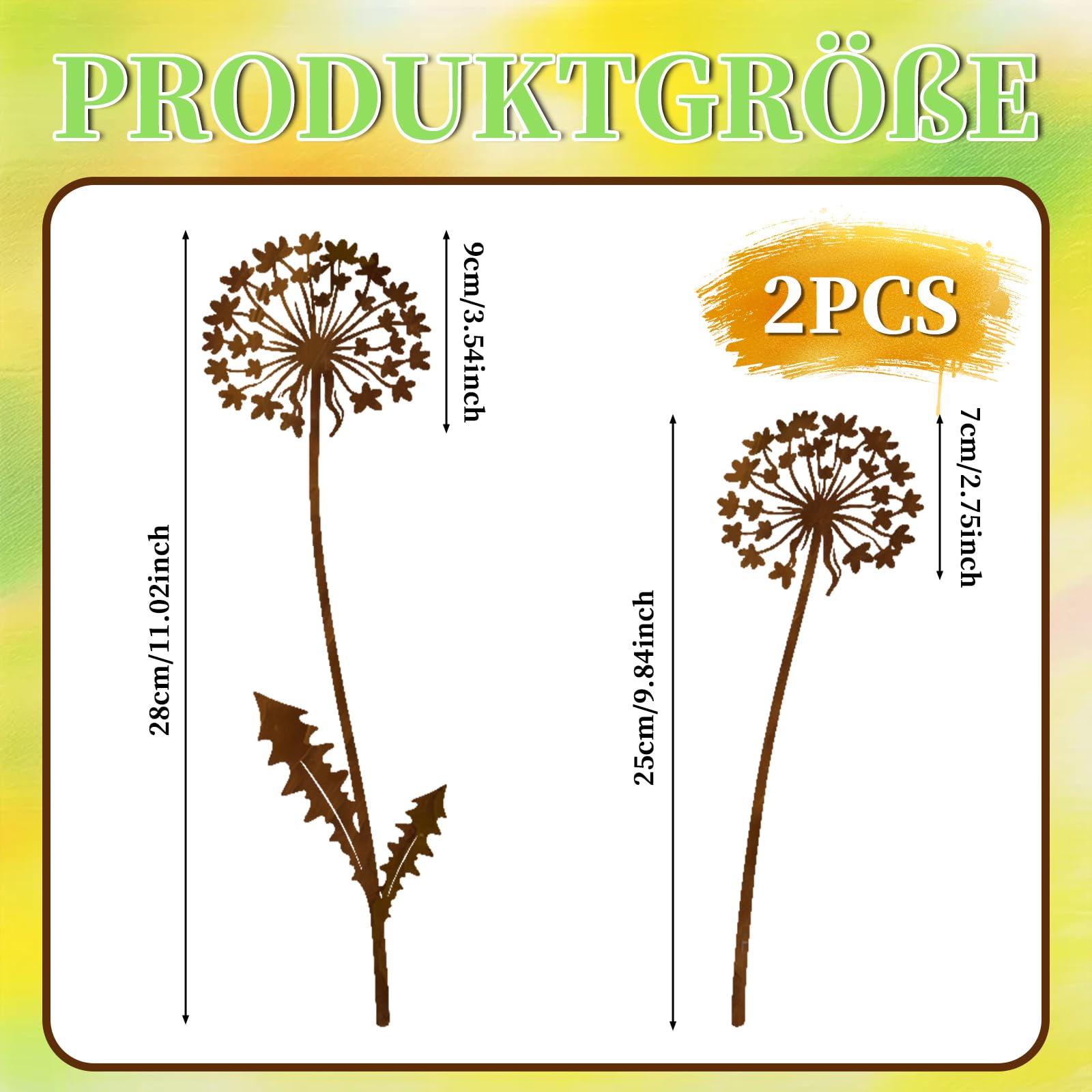 Scinzene 2er Set Gartenstecker Rost Pusteblume 28cm - Gartendeko Für Draußen Wetterfest Metall - Blumenstecker Edelrost Löwenzahn - Balkon Deko Wetterfest, Gartendeko Rost - 2