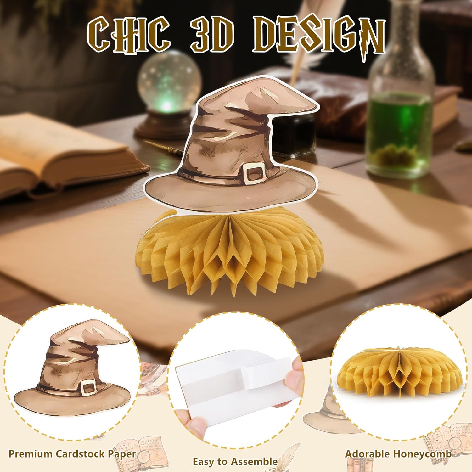 Magical Wizard Birthday Decorations - 9pcs Wizard-Themed Honeycomb Centerpieces & Bases for Magical Baby Showers, Kids Parties & Fantasy Themed Events