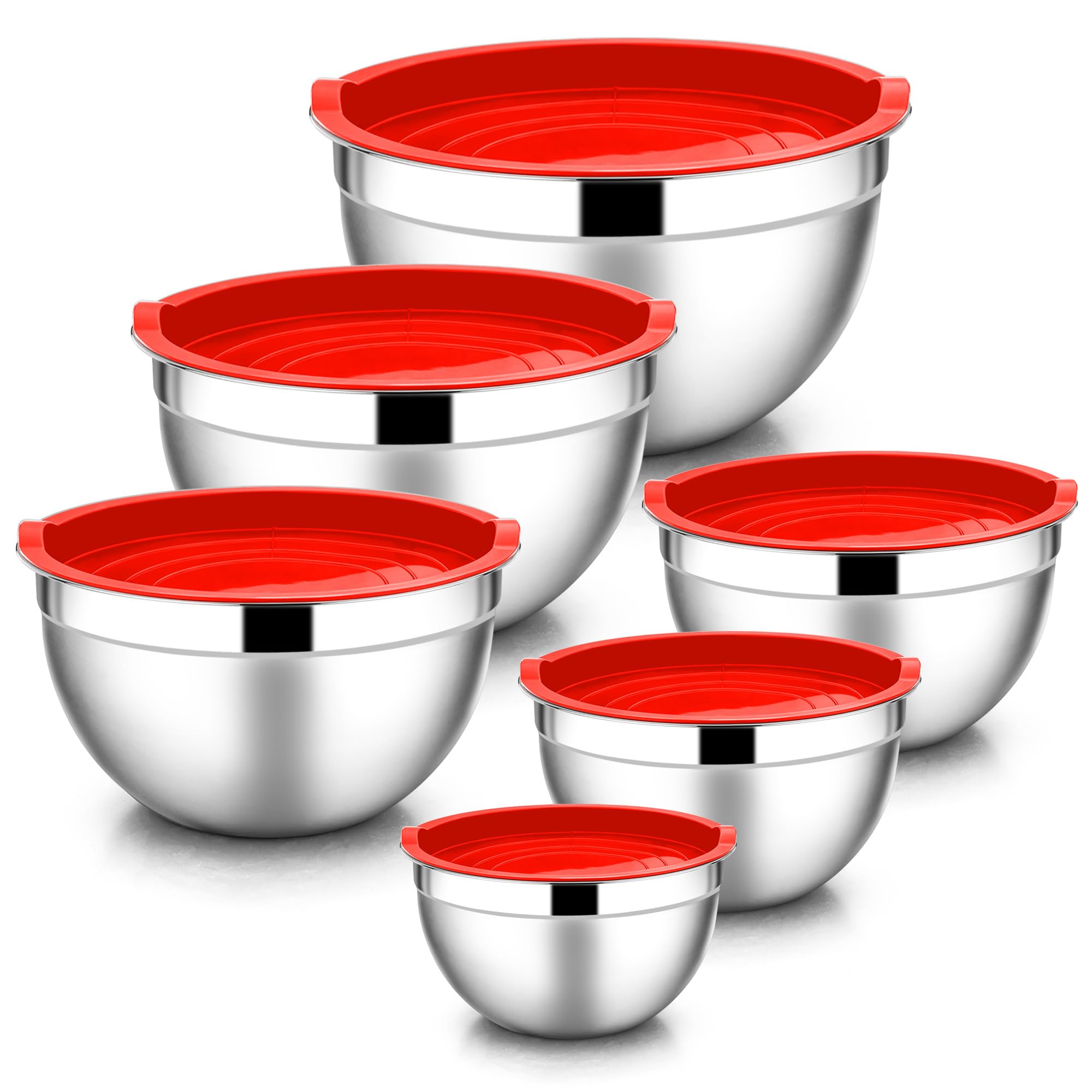 E-far Mixing Bowls with Lids, 12-Piece Stainless Steel Salad Bowls Metal Nesting Bowls for Baking Cooking and Prepping, Airtight Lids & Stackable Design, Size 7, 4.5, 3, 1.5, 1.2, 0.7 QT (Red)