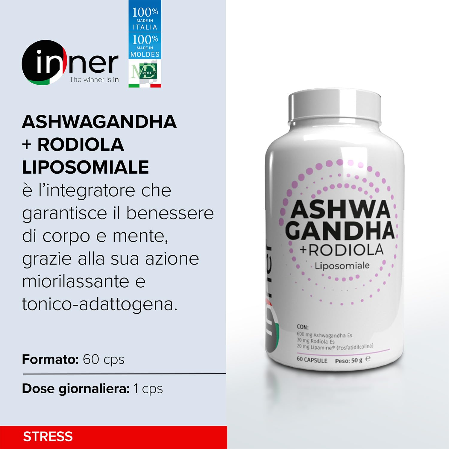 Inner Ashwagandha + Rodiola Liposomiale 60 cps - Formula ad alta biodisponibilità con azione tonico‑adattogena per stress, concentrazione e recupero fisico