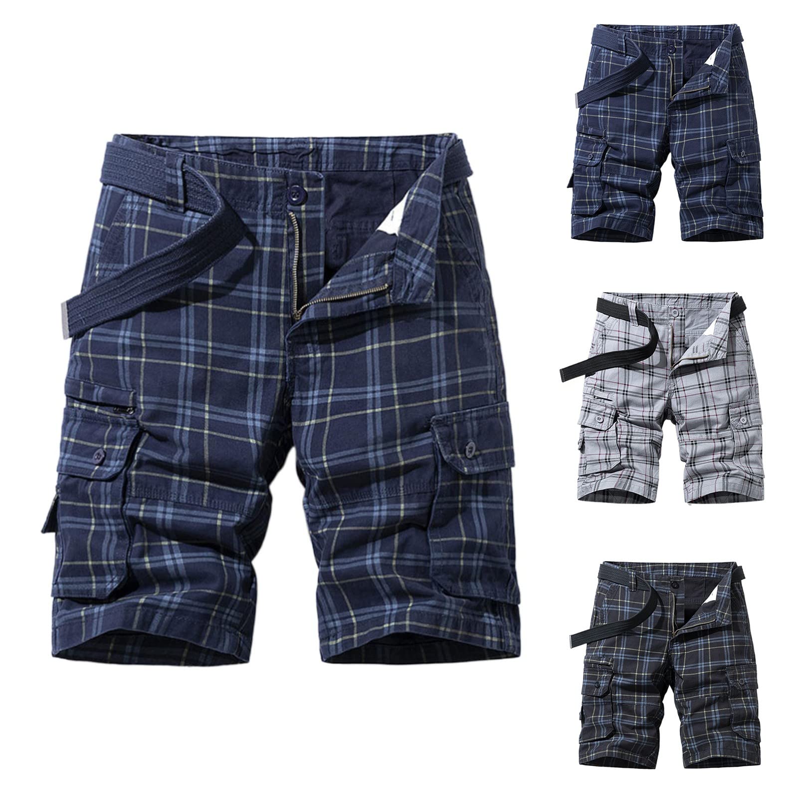 Pantalones cortos cargo para hombre, con estampado a cuadros, pantalones cortos de trabajo casuales de verano, pantalones cortos de estilo urbano, pantalones capri casuales hasta la rodilla